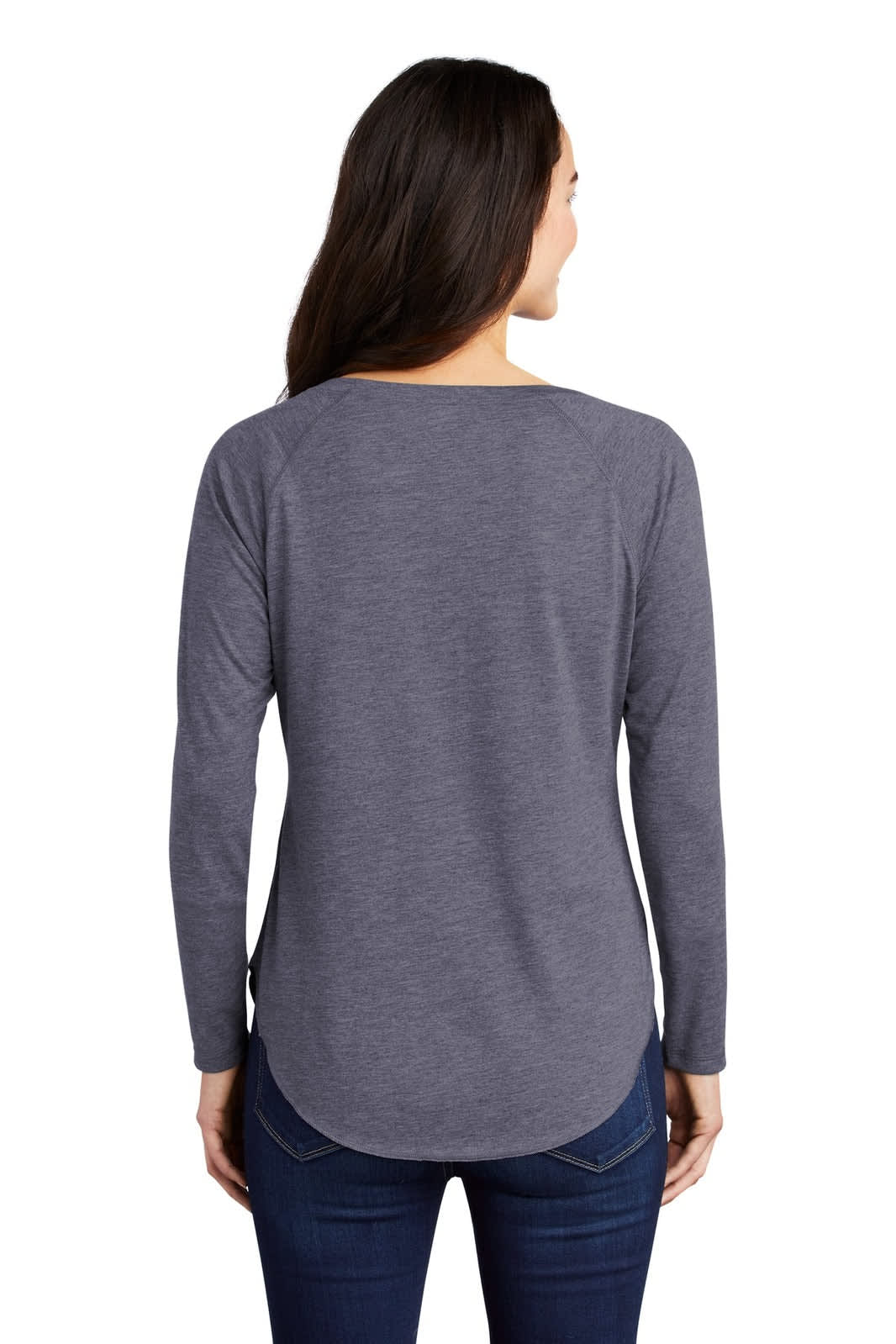 A grey long sleeve tri-blend scoop neck tee with raglan sleeves, featuring a curved hem and a branding logo.
