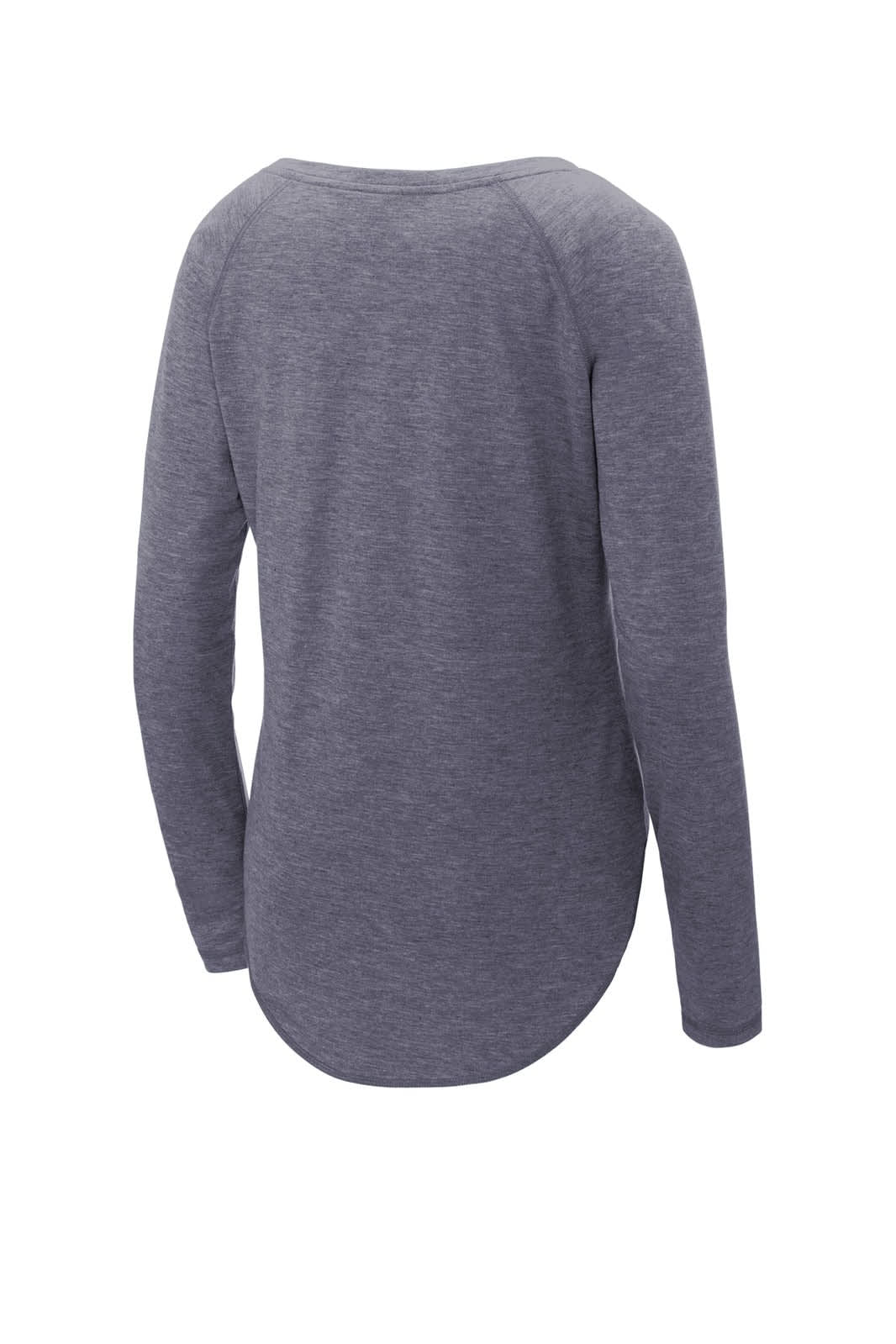 A long sleeve grey tri-blend scoop neck raglan tee with a rounded hem and back view, featuring a logo.