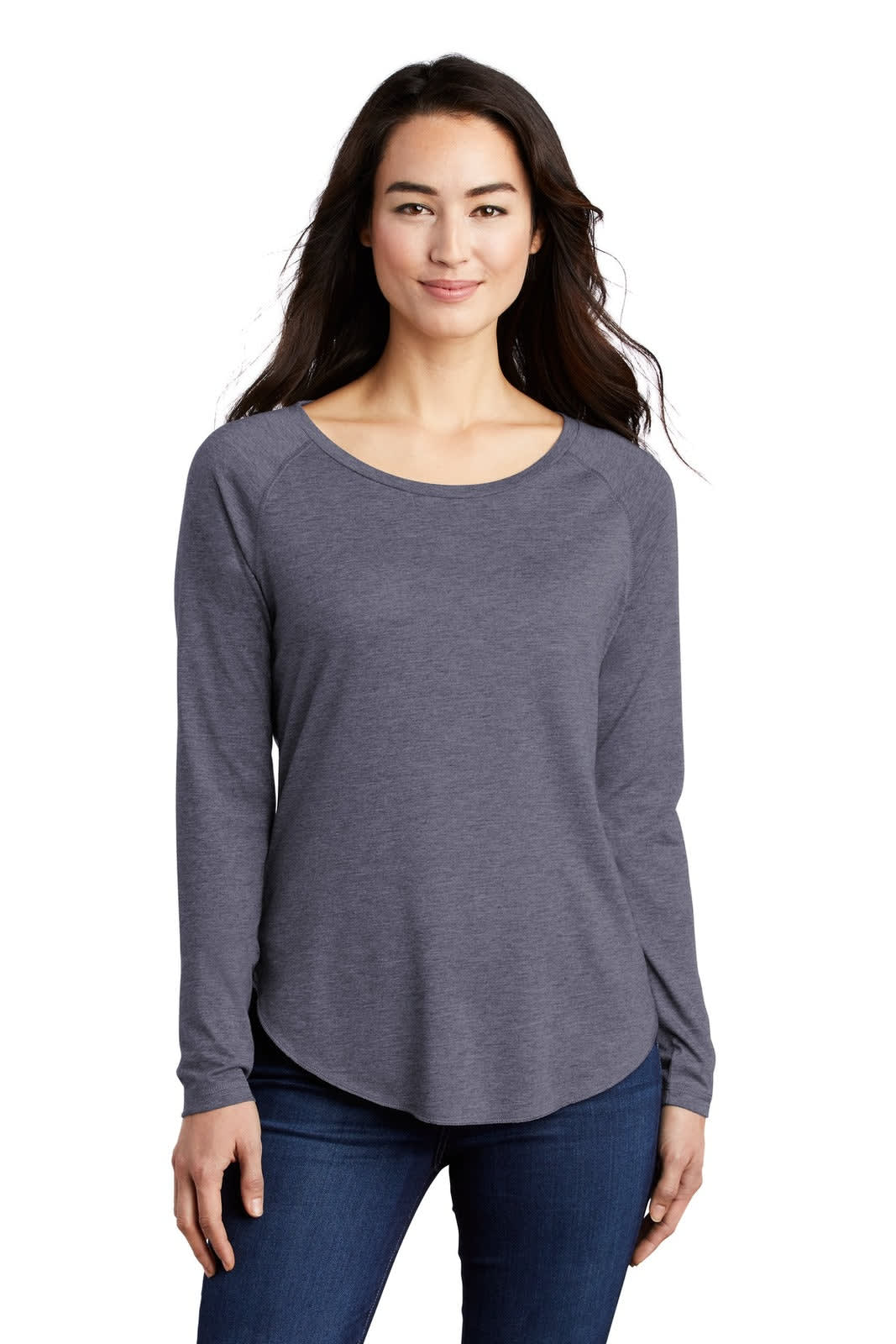 A long-sleeve, scoop neck tee in deep grey with a relaxed fit, featuring a logo on the chest area.