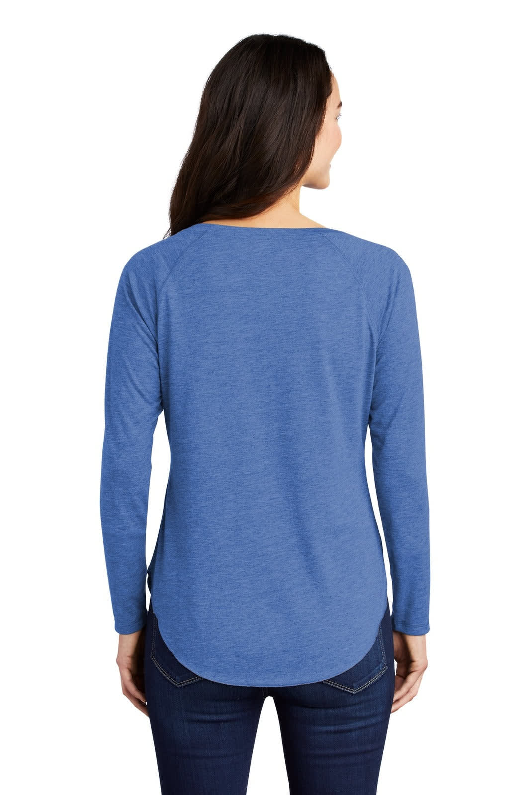 A long-sleeve blue raglan tee with a scoop neck, featuring a curved hem and a subtle branding logo.