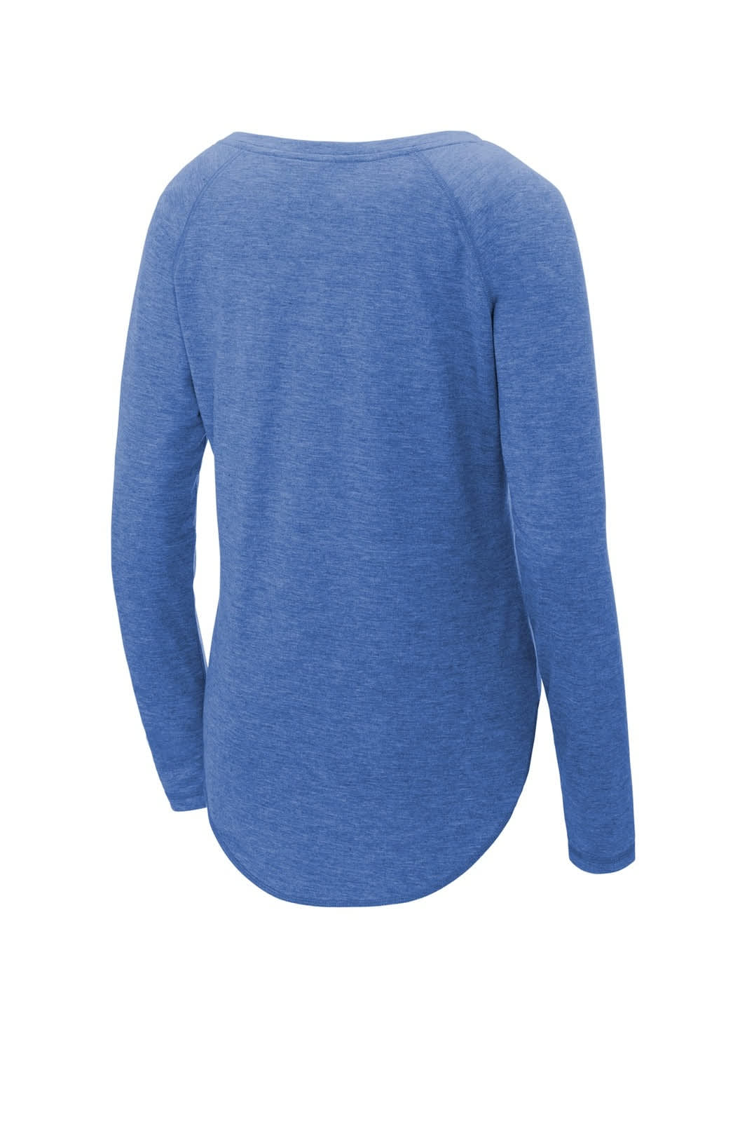 A blue long sleeve tri-blend scoop neck raglan tee with a curved hem and a logo on the back.