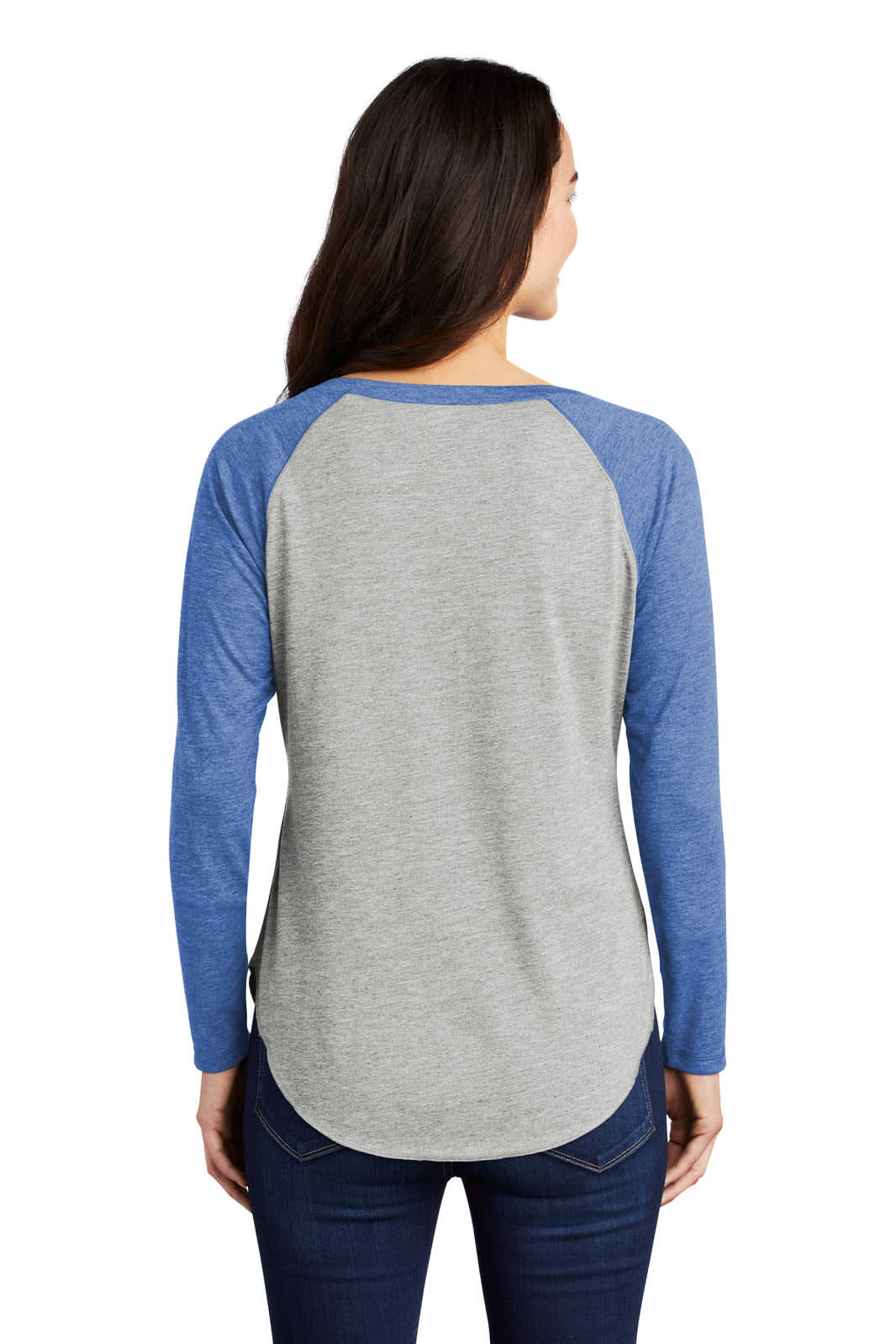 A long sleeve tri-blend raglan tee with grey body and blue sleeves, featuring a rounded hem and a logo.