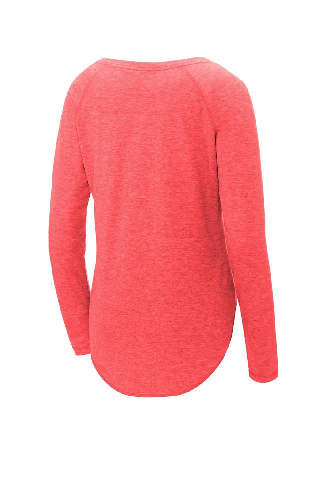 A coral long sleeve tee featuring a scoop neck and raglan design, made from a tri-blend wicking fabric.