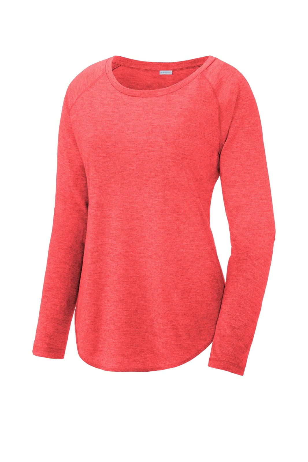 A long sleeve, scoop neck tee in a vibrant red colour with a lightweight, tri-blend fabric and raglan sleeves.