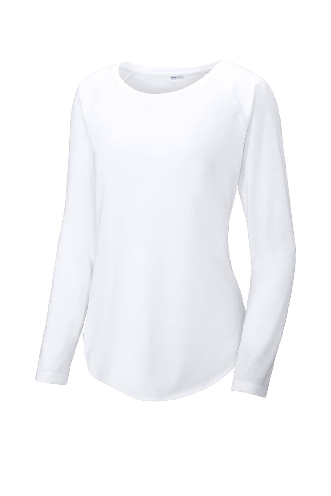 A white long sleeve scoop neck raglan tee featuring a wicking fabric and a logo.