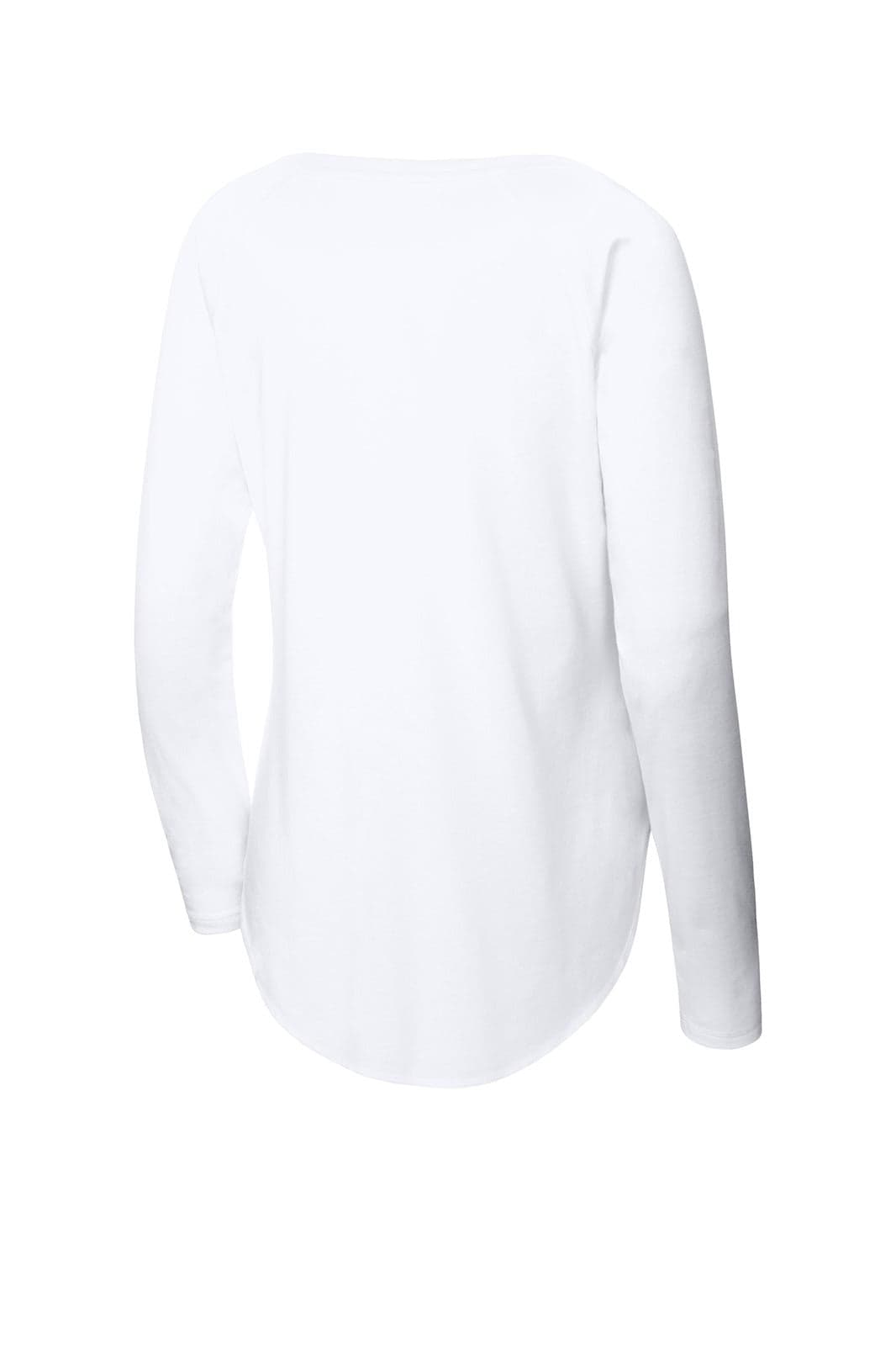 A white long sleeve T-shirt with a scoop neck and raglan design, featuring a logo on the back.