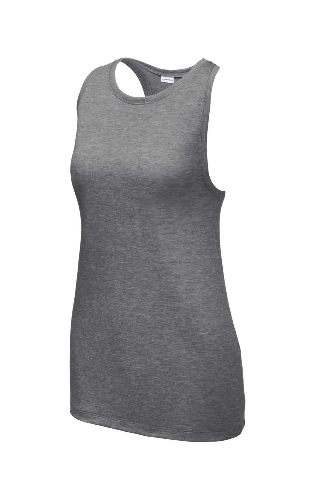 A grey tank top with a racerback design, featuring a logo on the front. Made from a tri-blend wicking fabric.