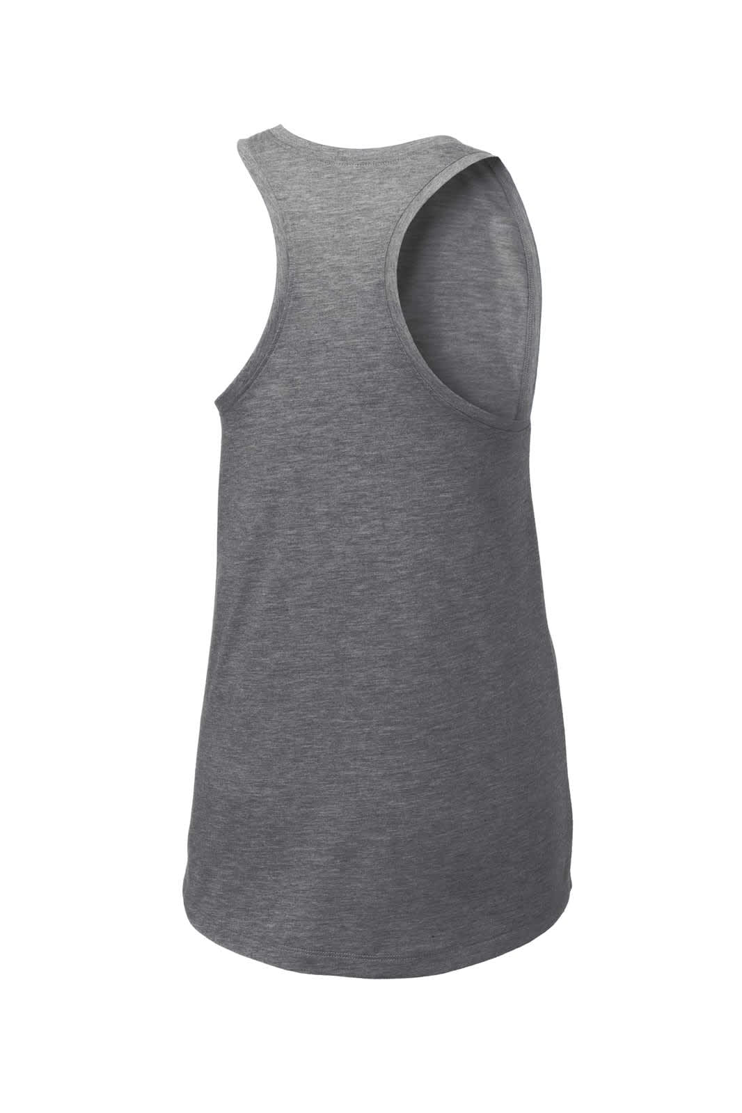 A grey, sleeveless tank top made from a tri-blend wicking fabric, featuring a branding logo.