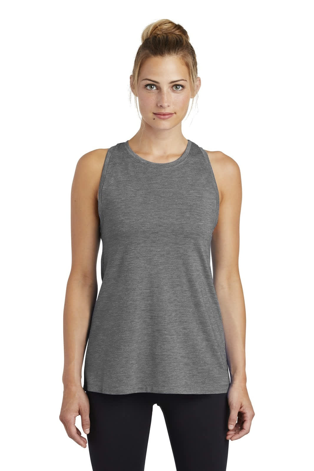 A grey ladies' tank top with a relaxed fit, featuring a logo. Ideal for activewear or casual wear.