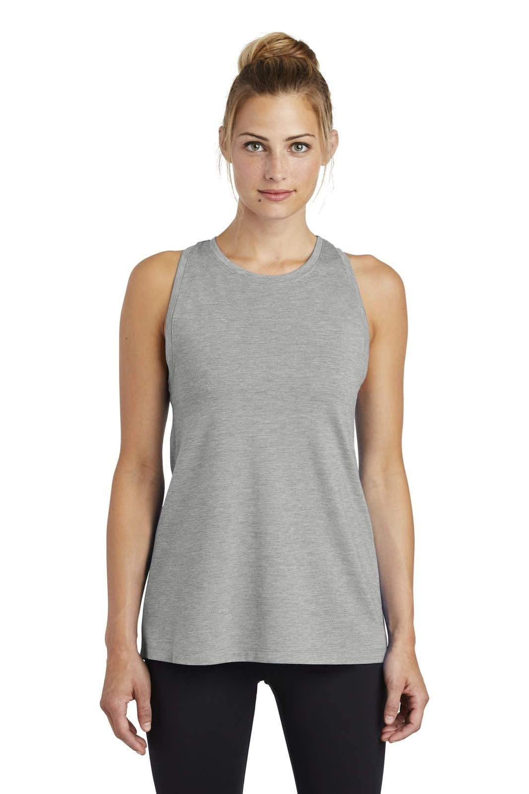 A grey tri-blend wicking tank top with a sleek design and a logo on it, featured on a model.