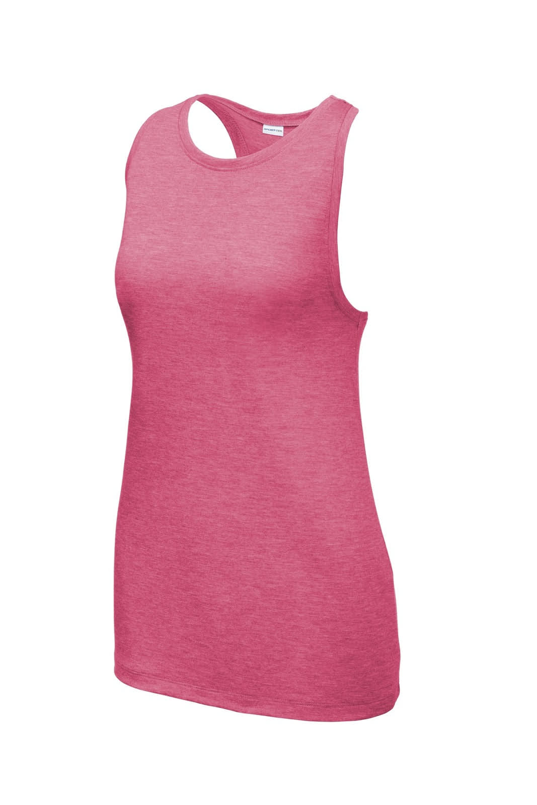 A pink tank top with a sporty design and a cut-out back, featuring a logo.