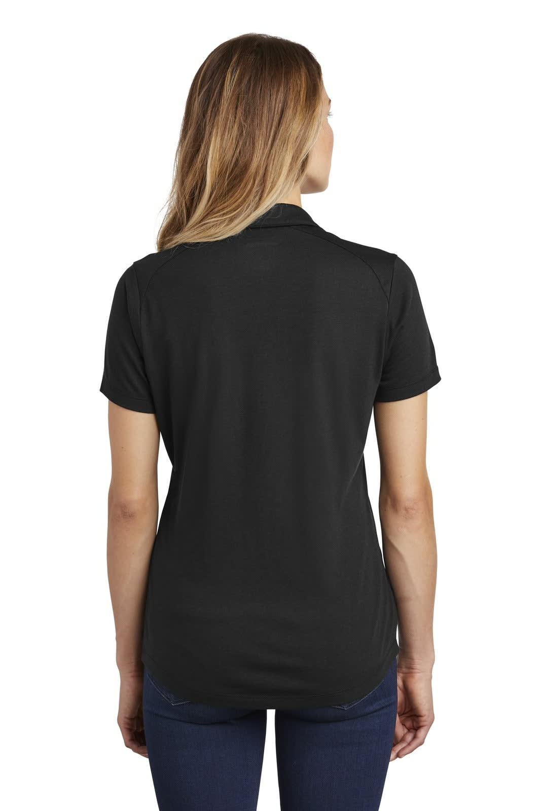 A black polo shirt with short sleeves and a back view. It features a logo on the front.