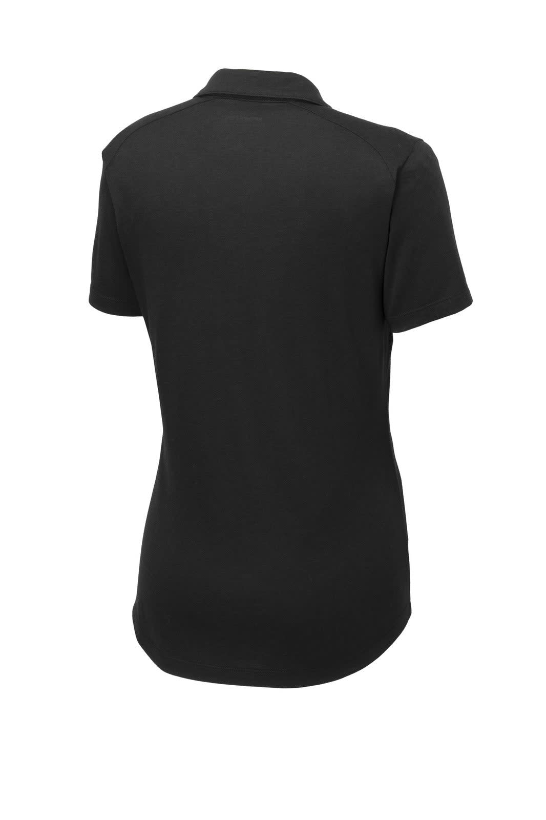 A black ladies' polo shirt with a wicking tri-blend material and a branding logo on the back.