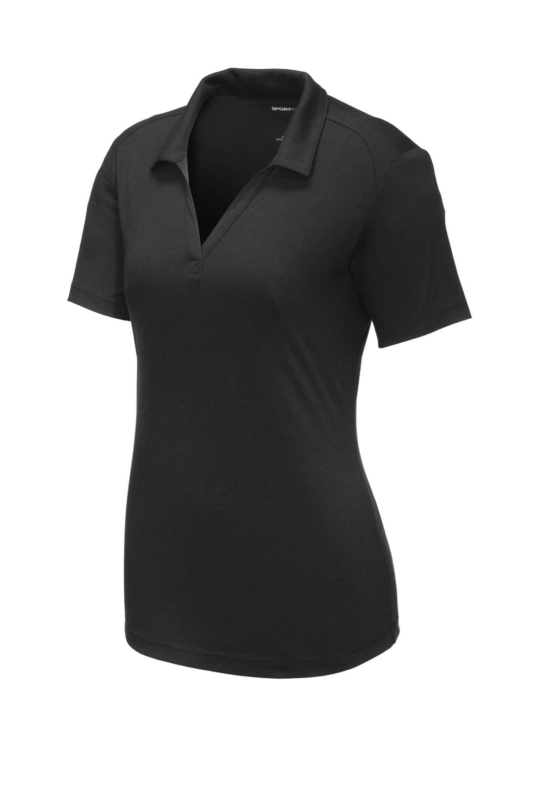 A black ladies' polo shirt made from tri-blend wicking fabric, featuring a collar and short sleeves. It has a logo.