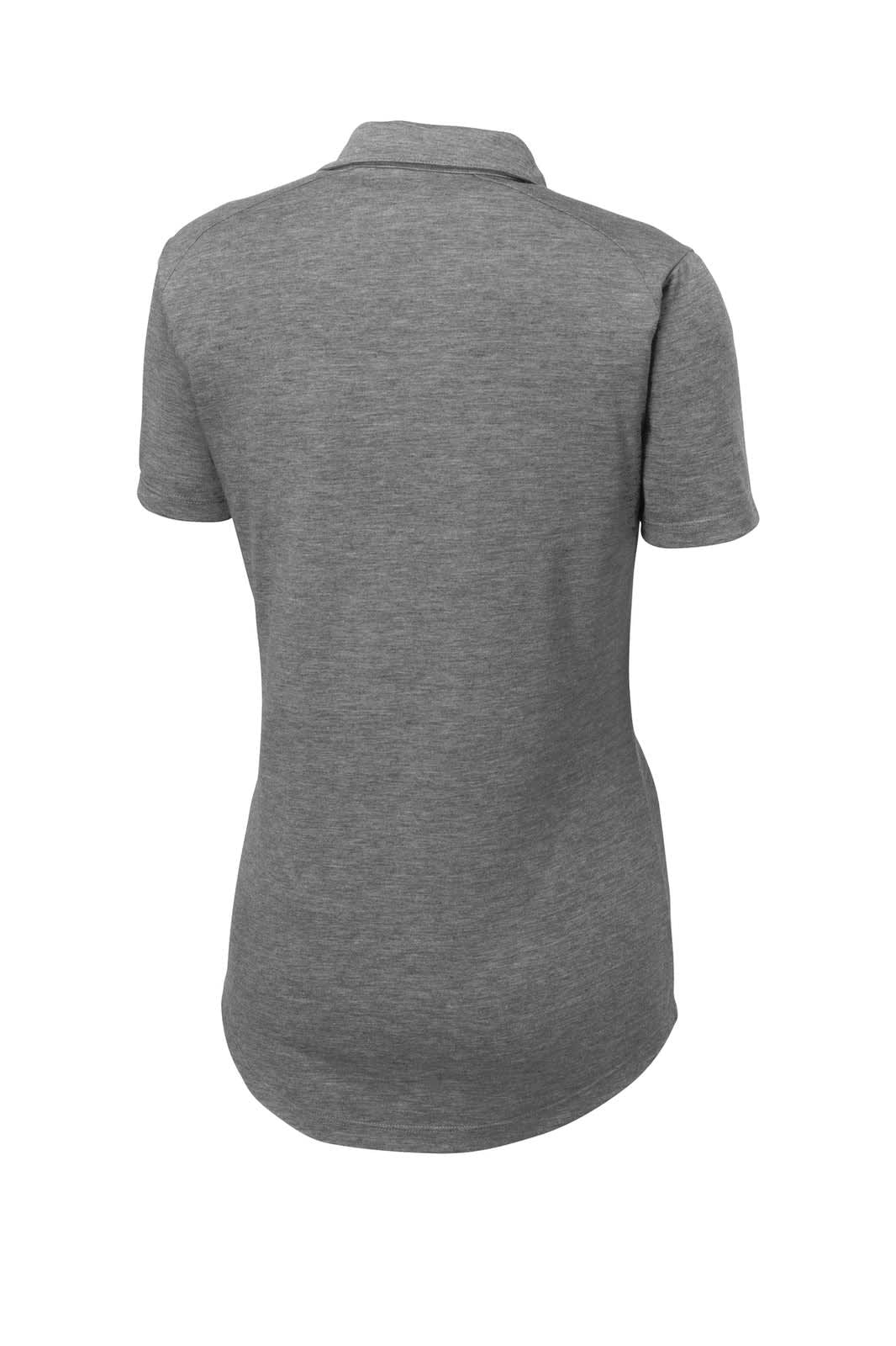 A grey women's polo shirt with a stylish fit and a collar, featuring a logo on the back.