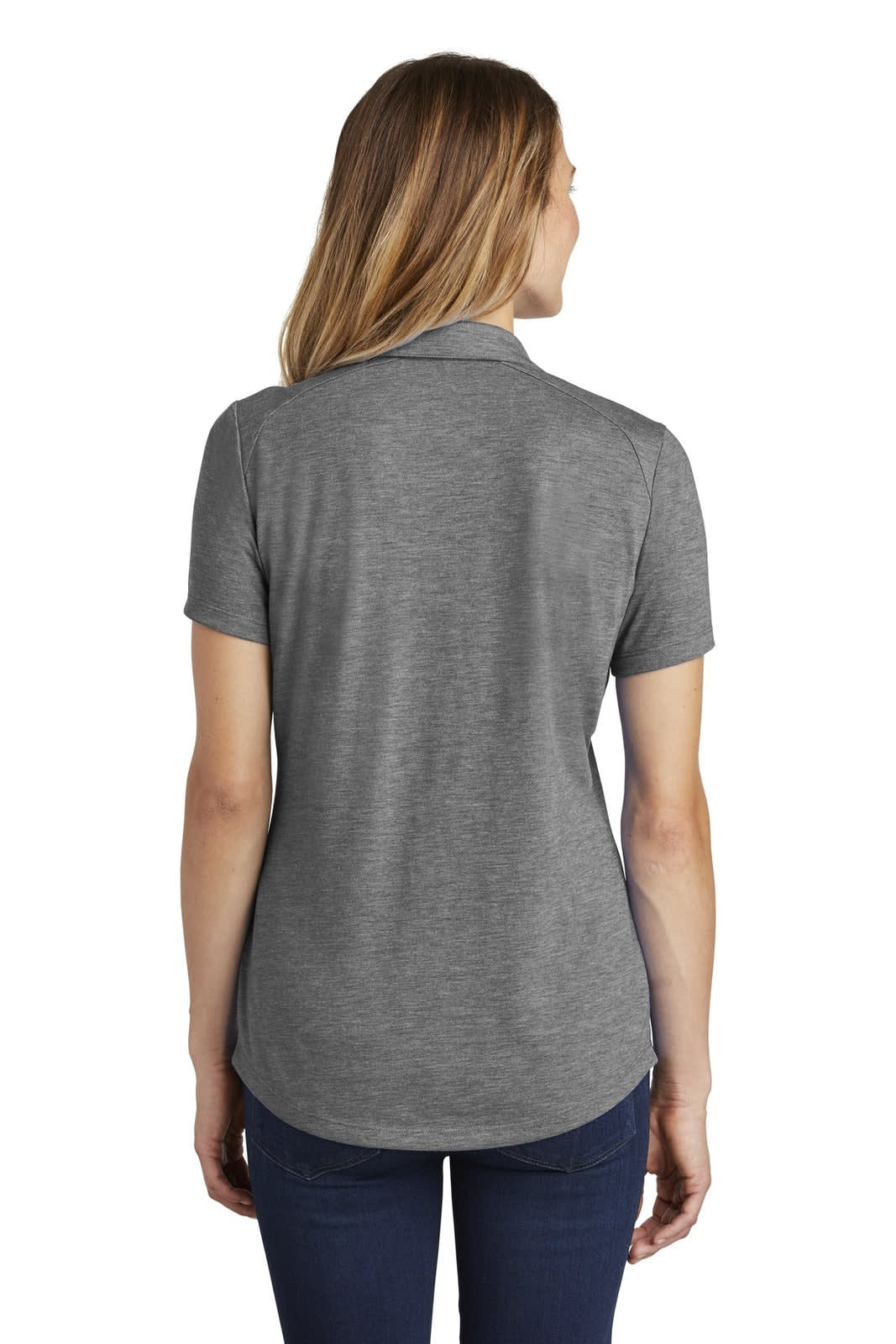 A grey women's polo shirt with short sleeves and a slightly curved hem, featuring a logo on the back.