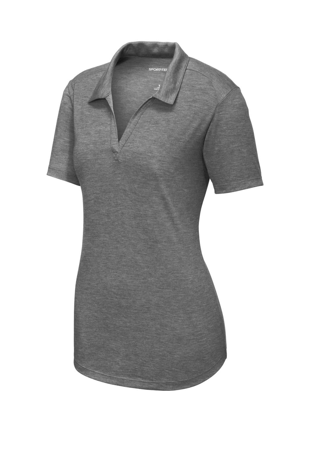 A grey ladies' polo shirt with a collar, featuring short sleeves and a logo. Made from a tri-blend wicking material.