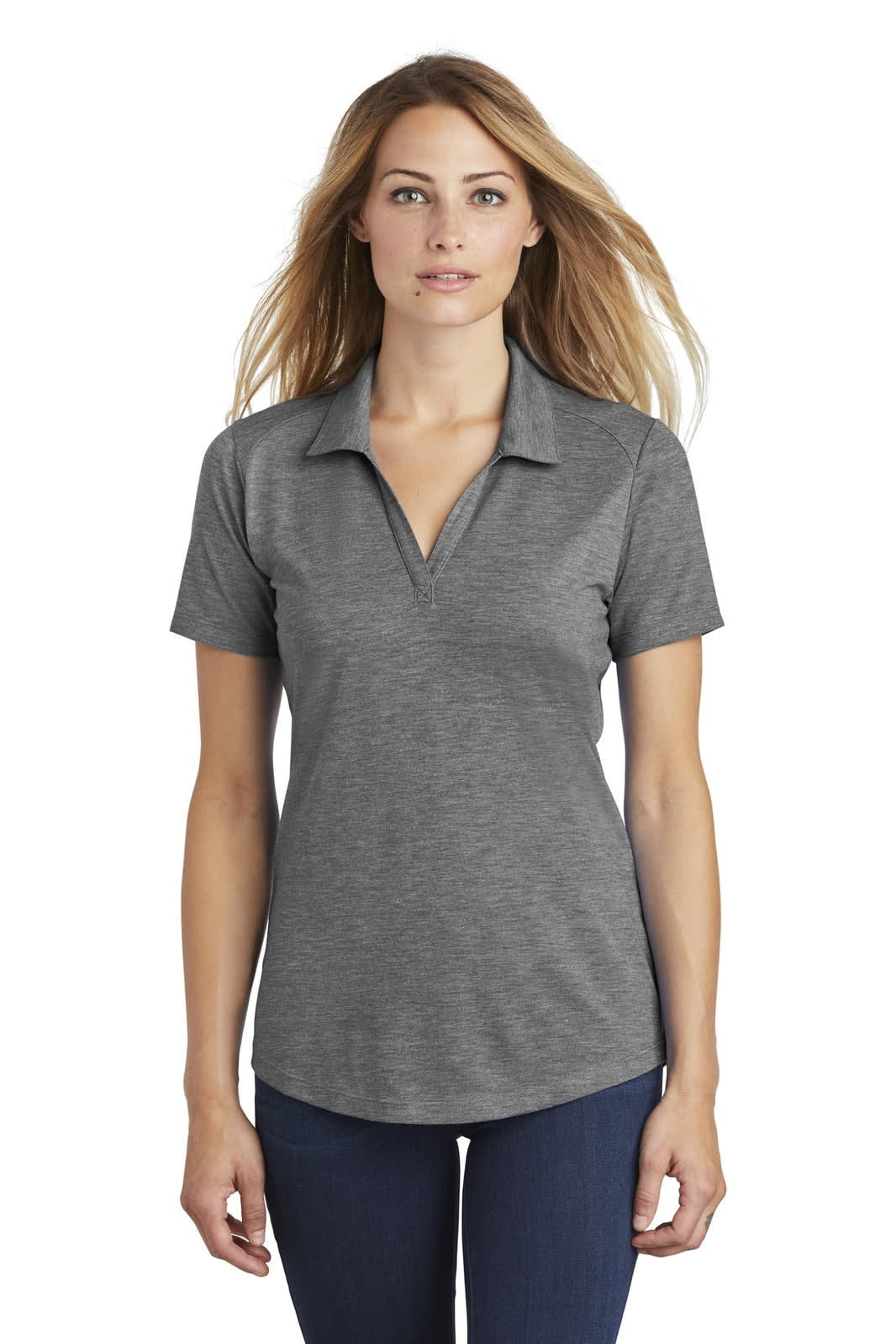 A grey women's polo shirt with a collar and short sleeves, featuring a logo.