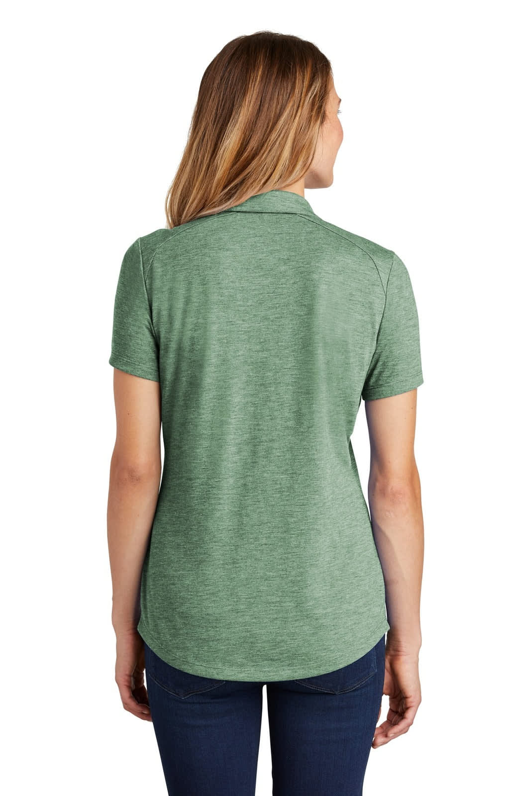 A green women's polo shirt with a wicking fabric and a logo on the back, featuring short sleeves and a classic collar.