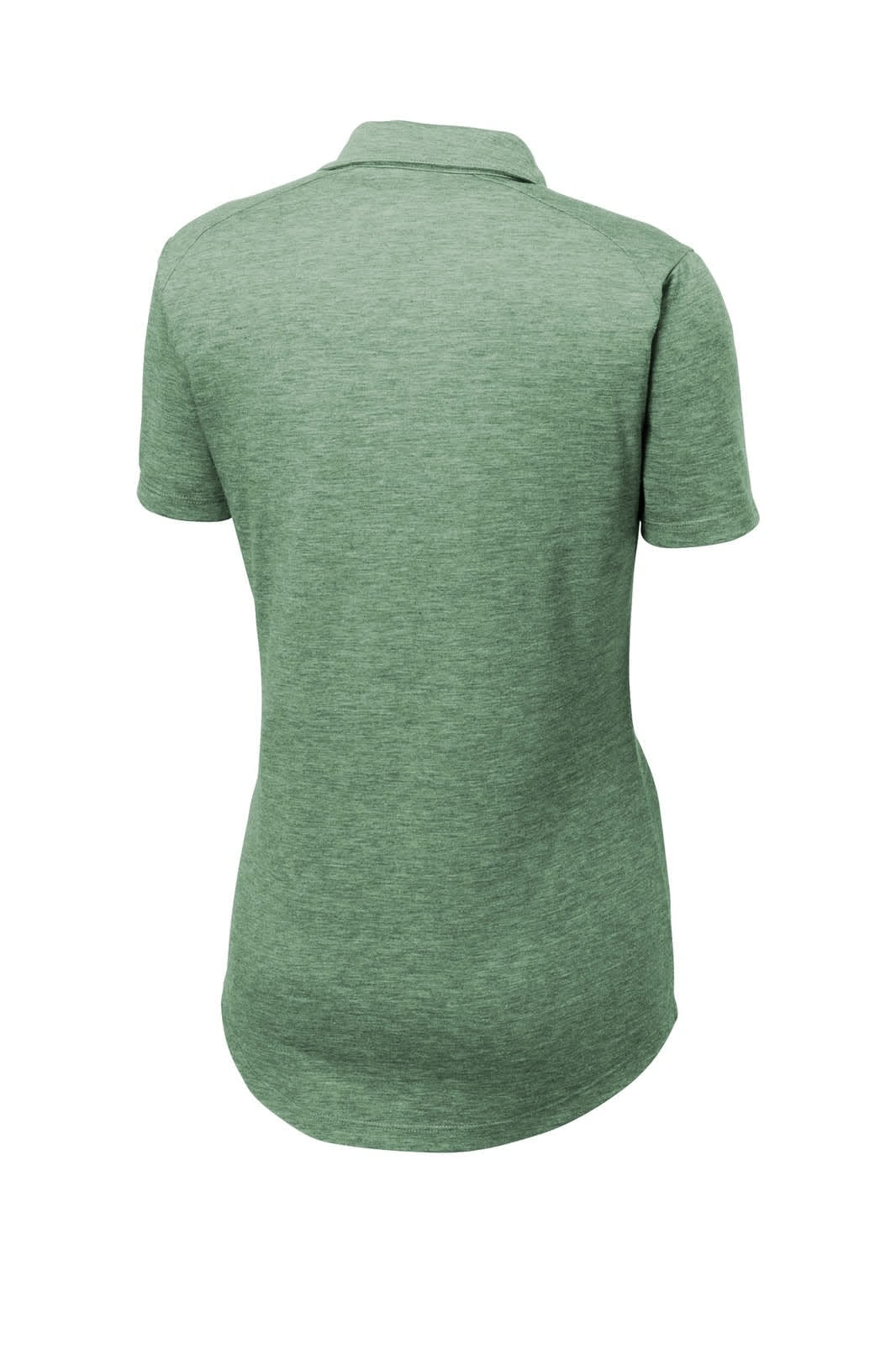 A green ladies' polo shirt with a fitted design and a collar, featuring a logo on the back.