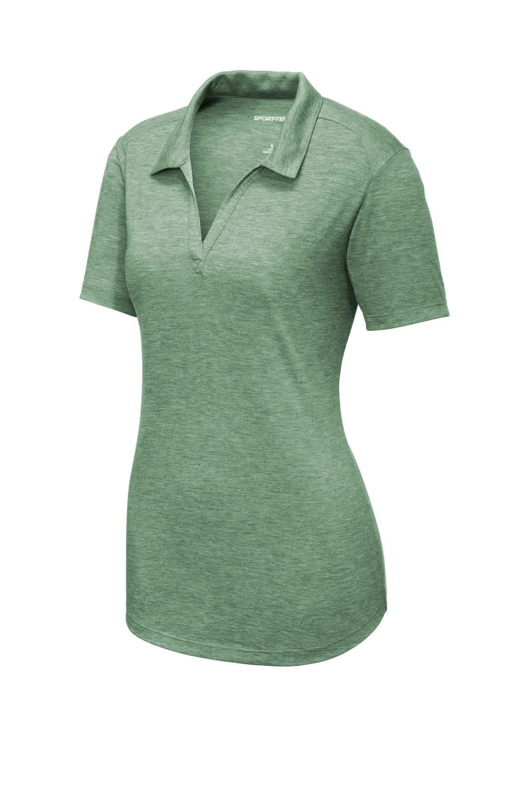 A green ladies' polo shirt made from tri-blend wicking fabric, featuring a collar and short sleeves.
