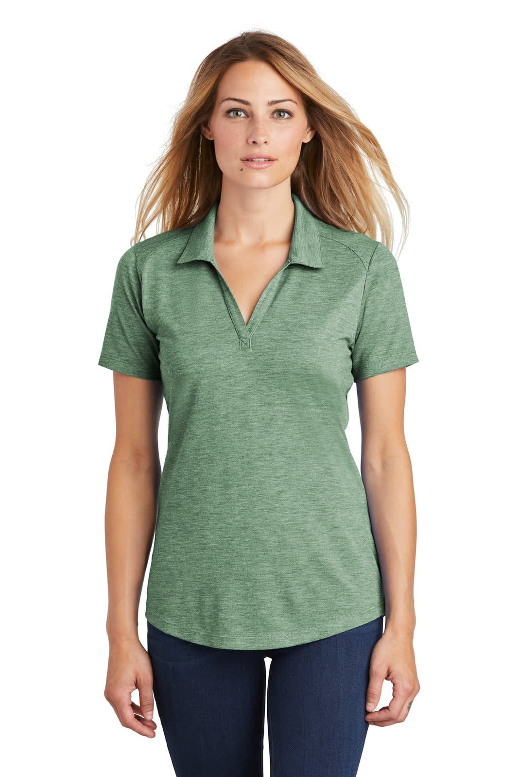 A green ladies’ polo shirt with a v-neck, short sleeves, and a logo on the chest.