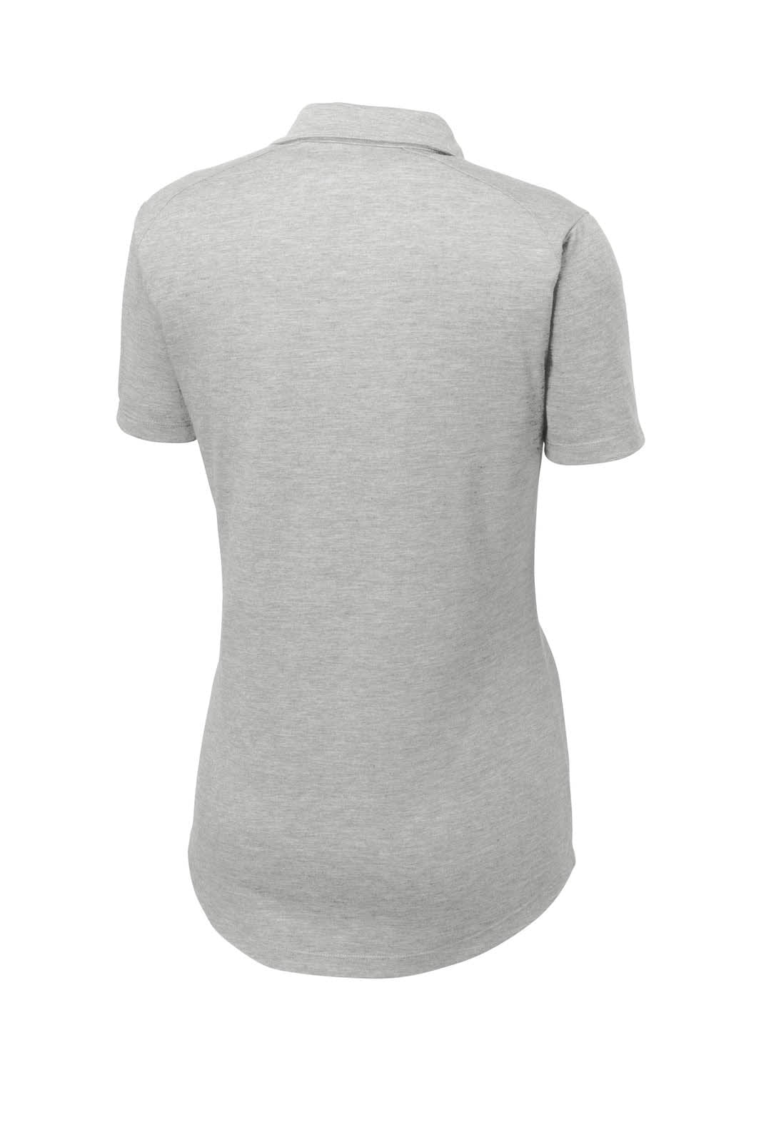 A grey ladies' polo shirt with a wicking fabric and a logo on the back.