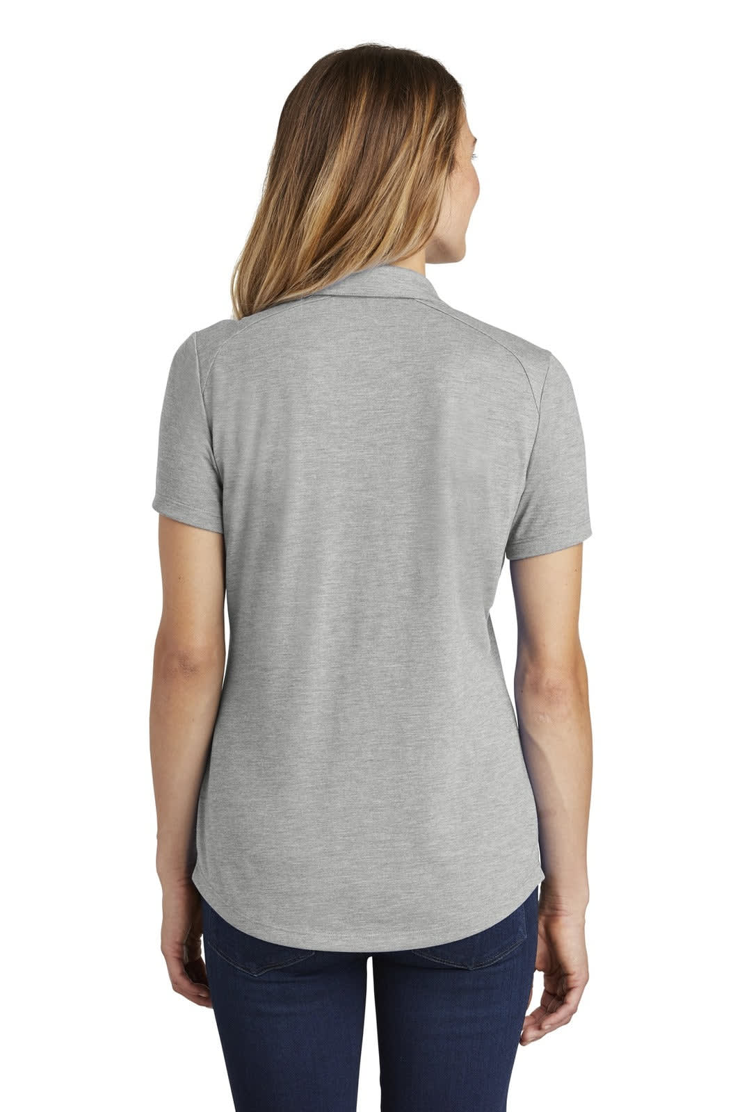 A grey women's polo shirt with a wicking fabric and a branded logo at the back.