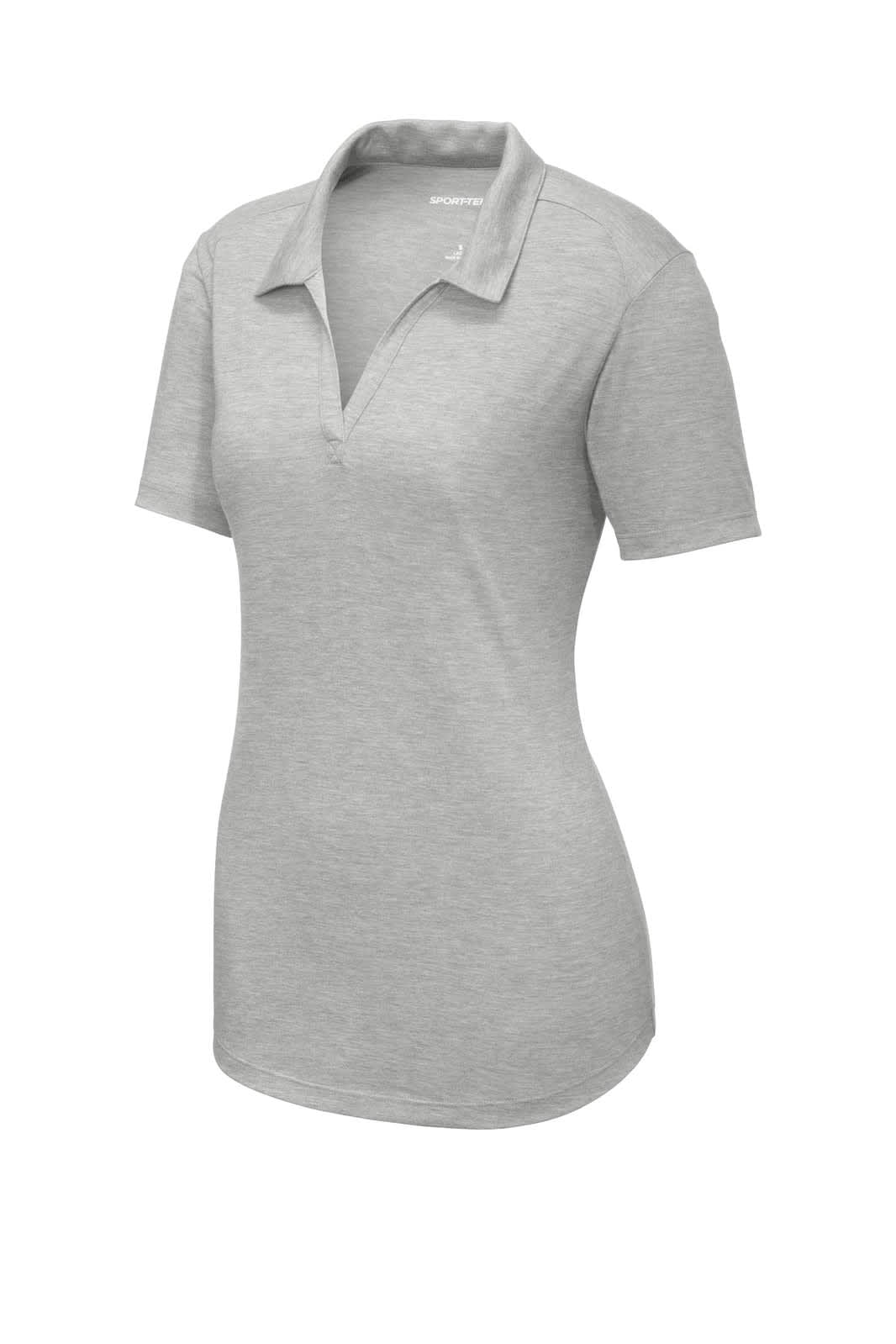 A light grey ladies' polo shirt with a collar, featuring short sleeves and a subtle logo.