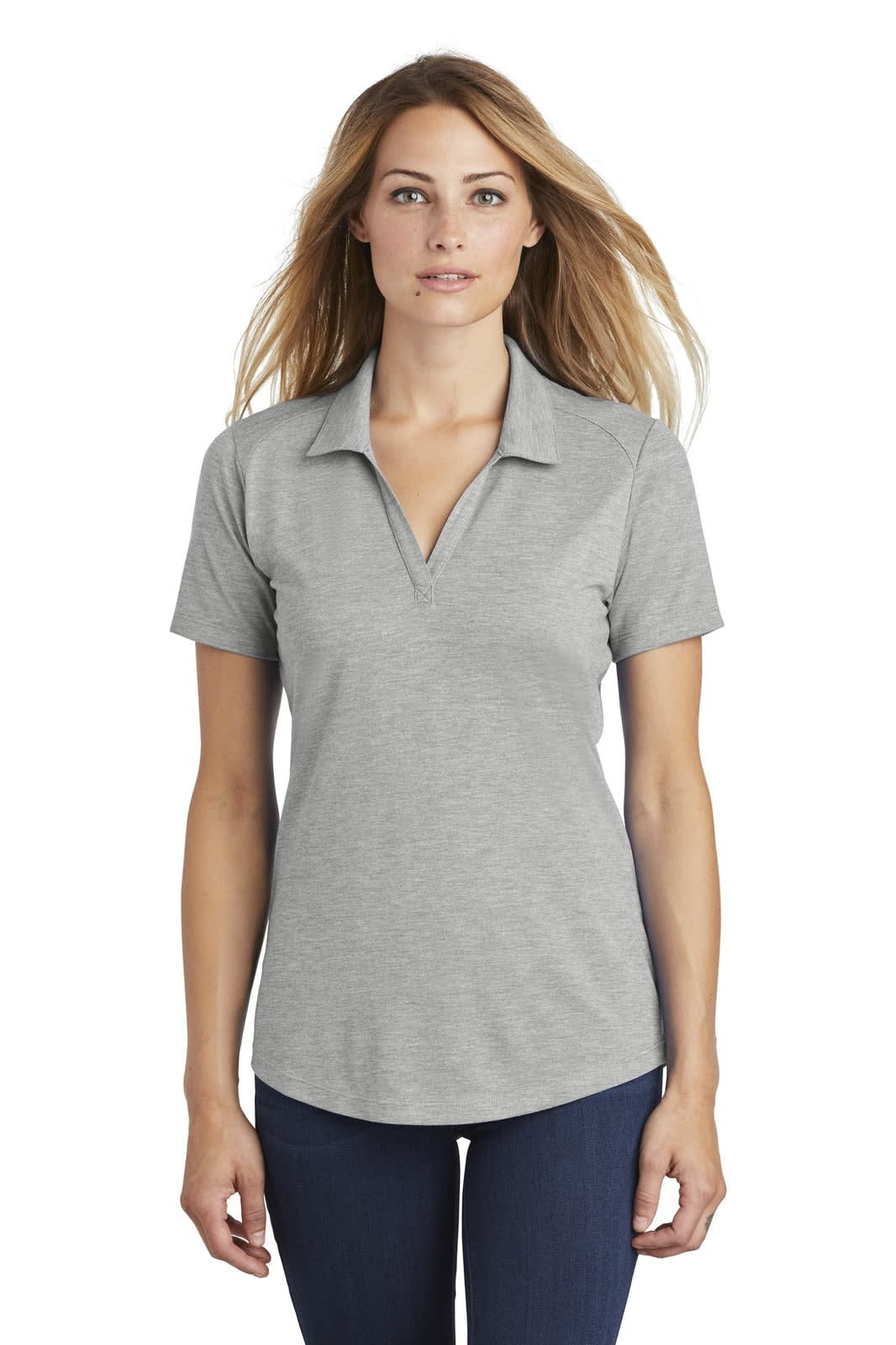 A grey women's polo shirt with a collar and short sleeves, featuring a logo on the chest.