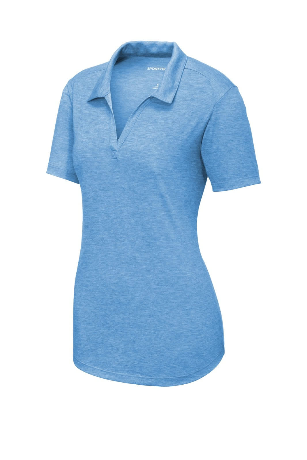 A light blue ladies' polo shirt with a wicking tri-blend fabric and a logo on the collar.
