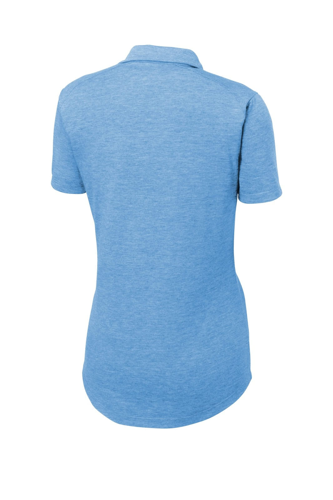 A blue ladies' polo shirt with a tri-blend wicking fabric and a logo on the back.