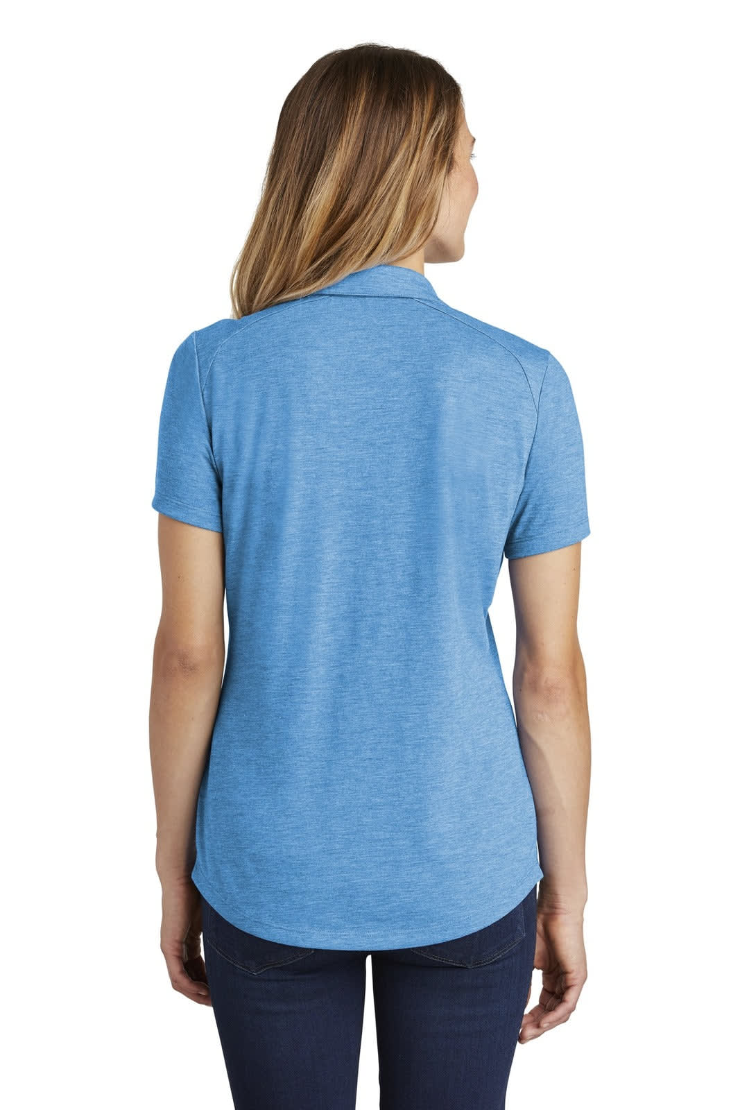 A blue ladies' polo shirt with short sleeves and a curved hem, featuring a logo on the back.