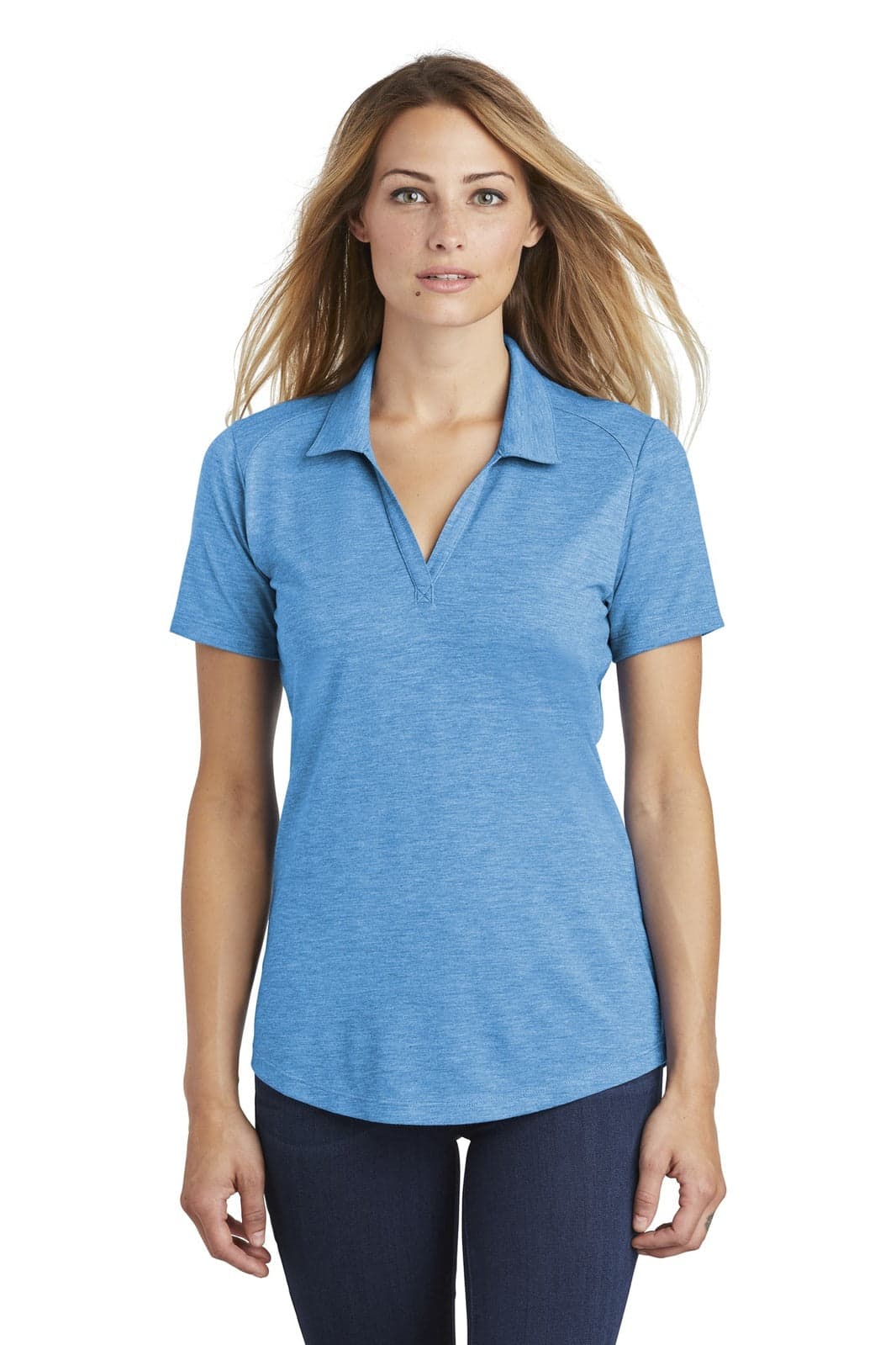 A blue ladies' polo shirt with a short collar, featuring a logo on the chest and a wicking fabric.
