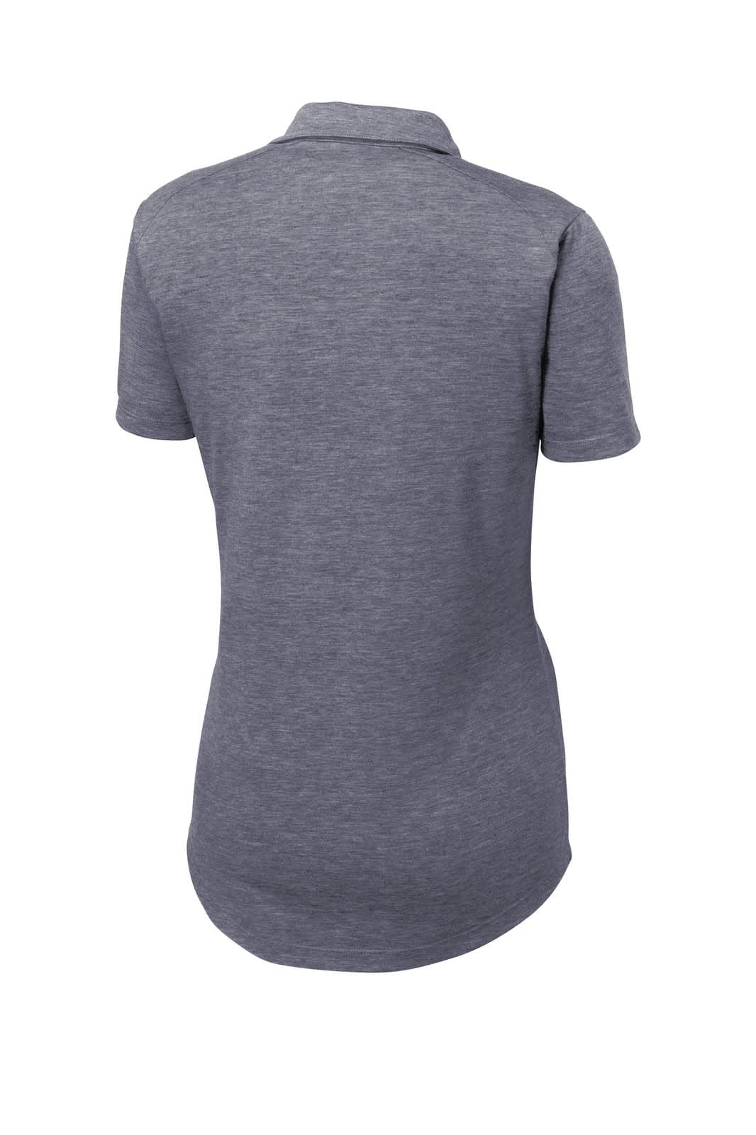 A grey Sport-Tek Ladies PosiCharge Tri-Blend Wicking Polo with a logo, featuring a classic polo design.