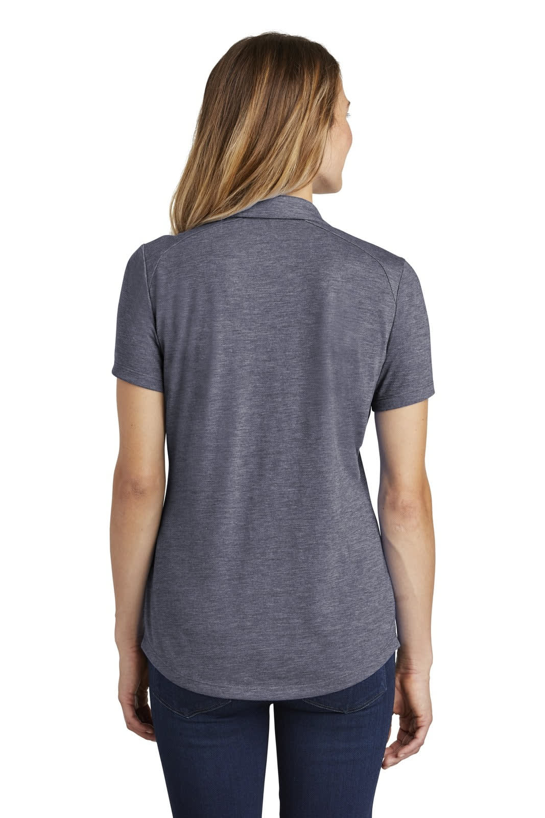 A grey ladies' polo shirt with a stylish cut and short sleeves, featuring a brand logo on the back.