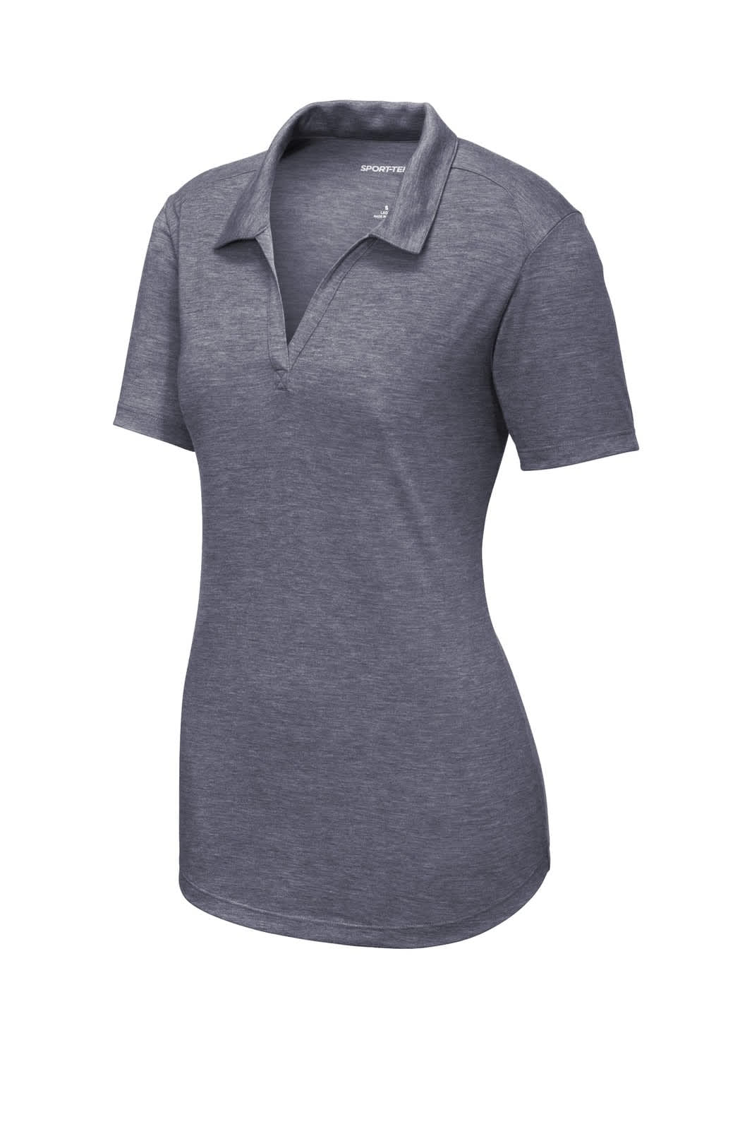 A grey ladies' polo shirt with short sleeves and a collar, featuring a logo. Crafted from a tri-blend wicking fabric.