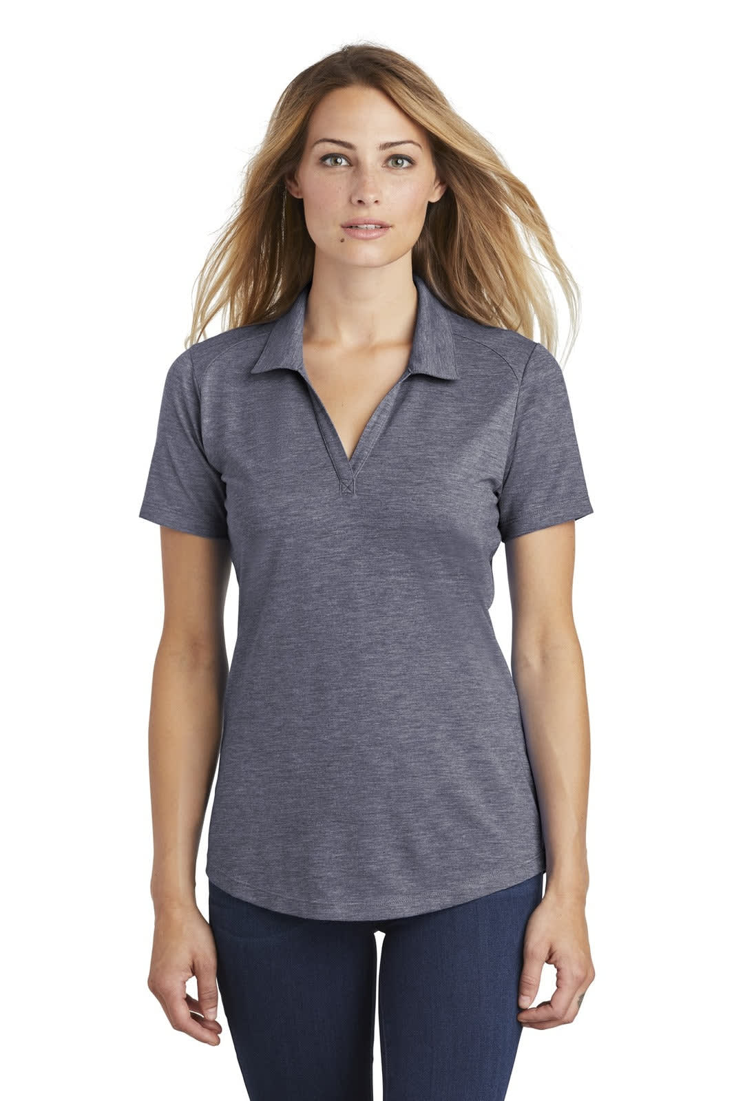 A grey tri-blend polo shirt for ladies with a collar and short sleeves, featuring a logo.