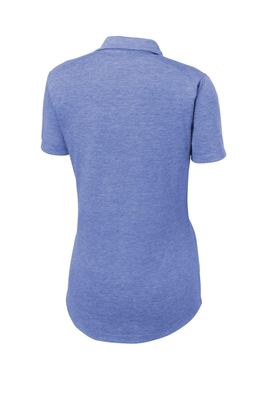 A blue ladies' polo shirt with a short sleeve and wicking fabric, featuring a logo on the back.