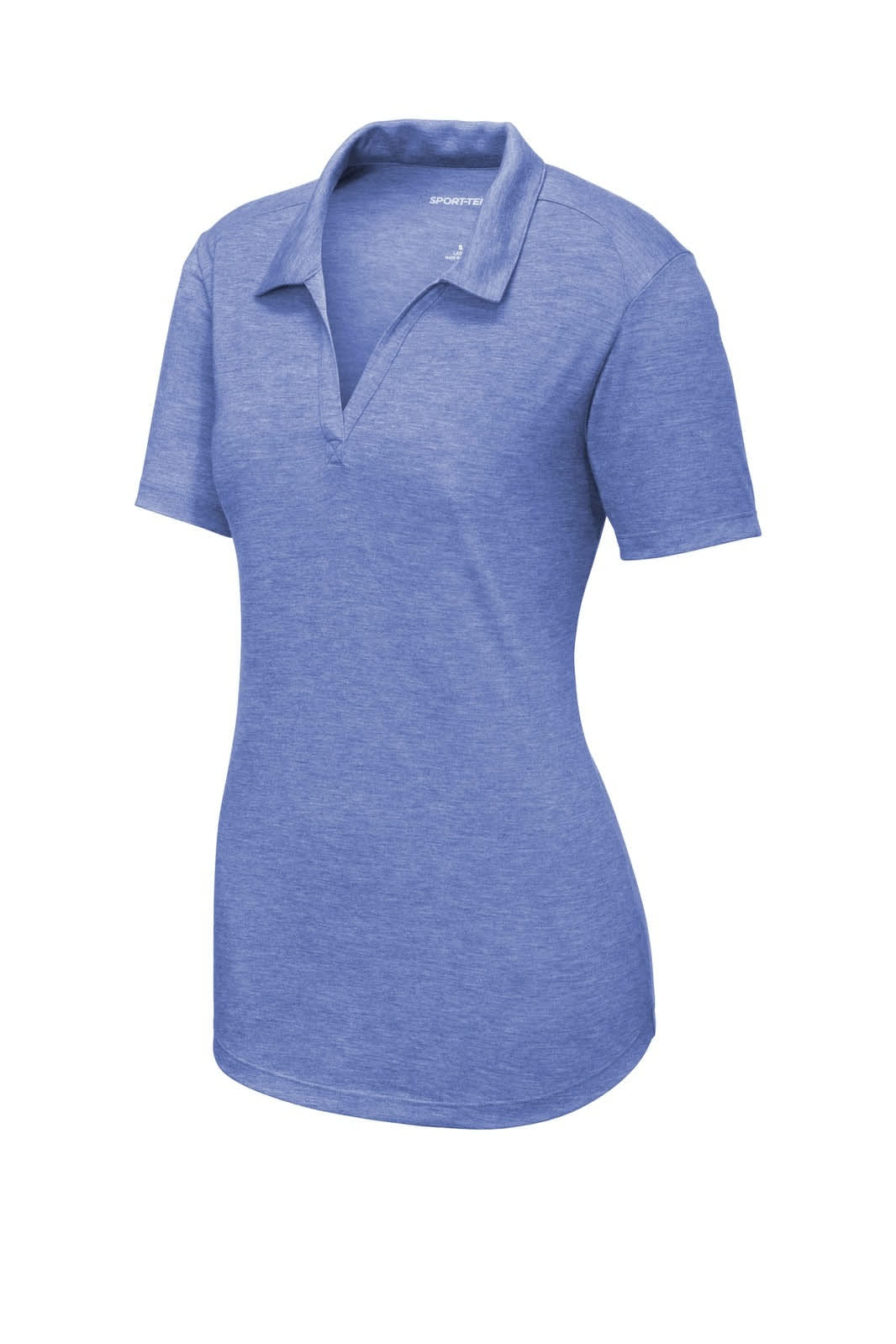 A blue ladies' polo shirt featuring a collar and short sleeves, made from a tri-blend wicking fabric, with a logo.