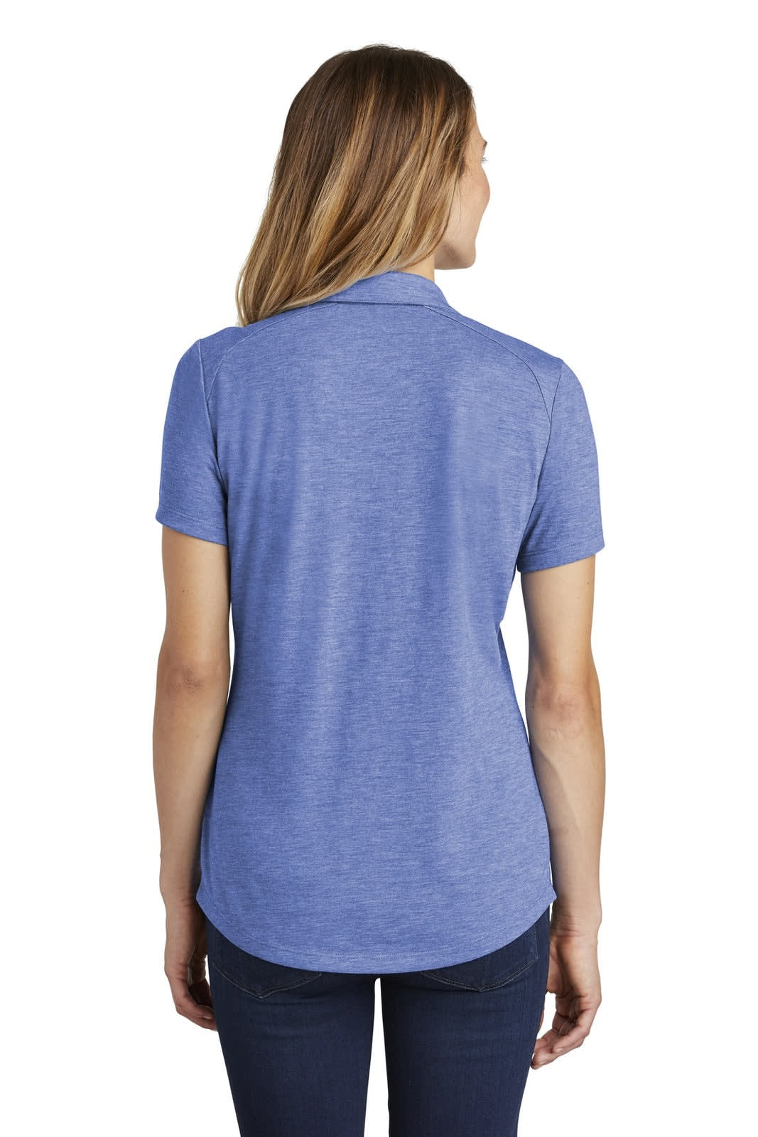 A blue ladies' polo shirt with a wicking fabric, featuring a collar and short sleeves. It has a logo on the back.