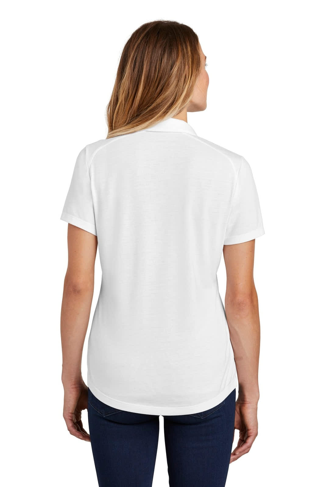 A white ladies’ polo shirt with short sleeves and a curved hem, featuring a logo on the back.