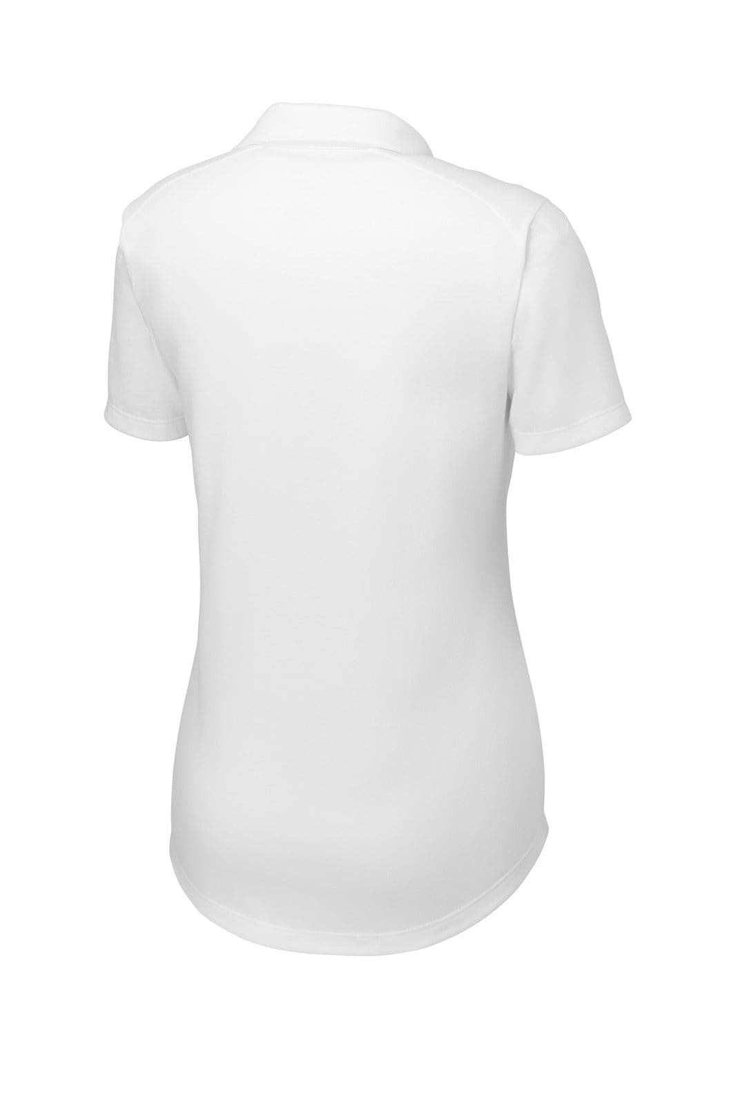 A white ladies' polo shirt, featuring a wicking fabric and a classic polo collar, with a logo on the back.