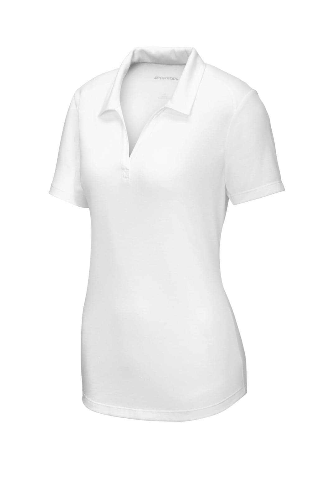 A white ladies' polo shirt featuring a collar and short sleeves, designed with wicking fabric and a logo.