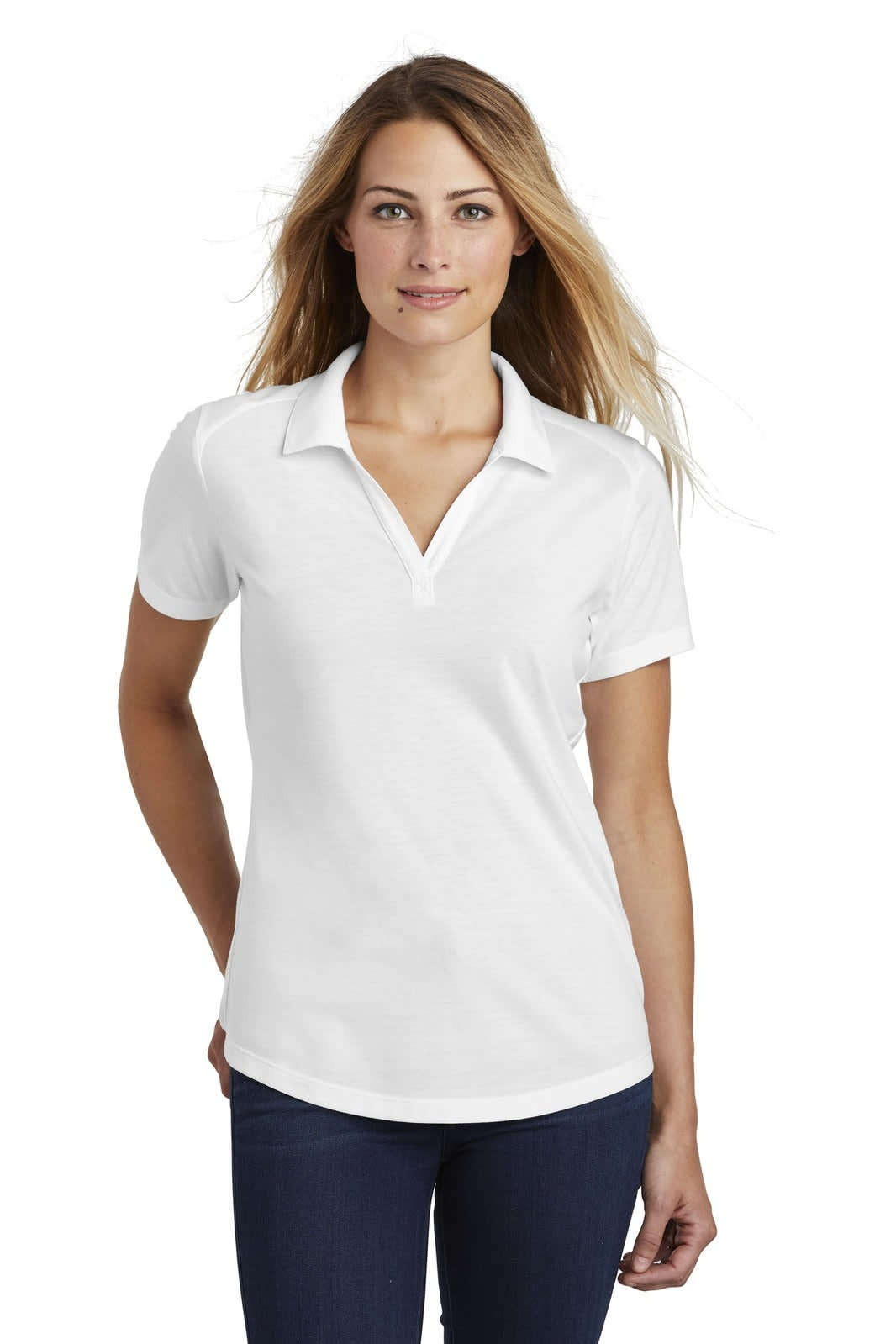 A white ladies' polo shirt with a collar, featuring short sleeves and a branding logo.