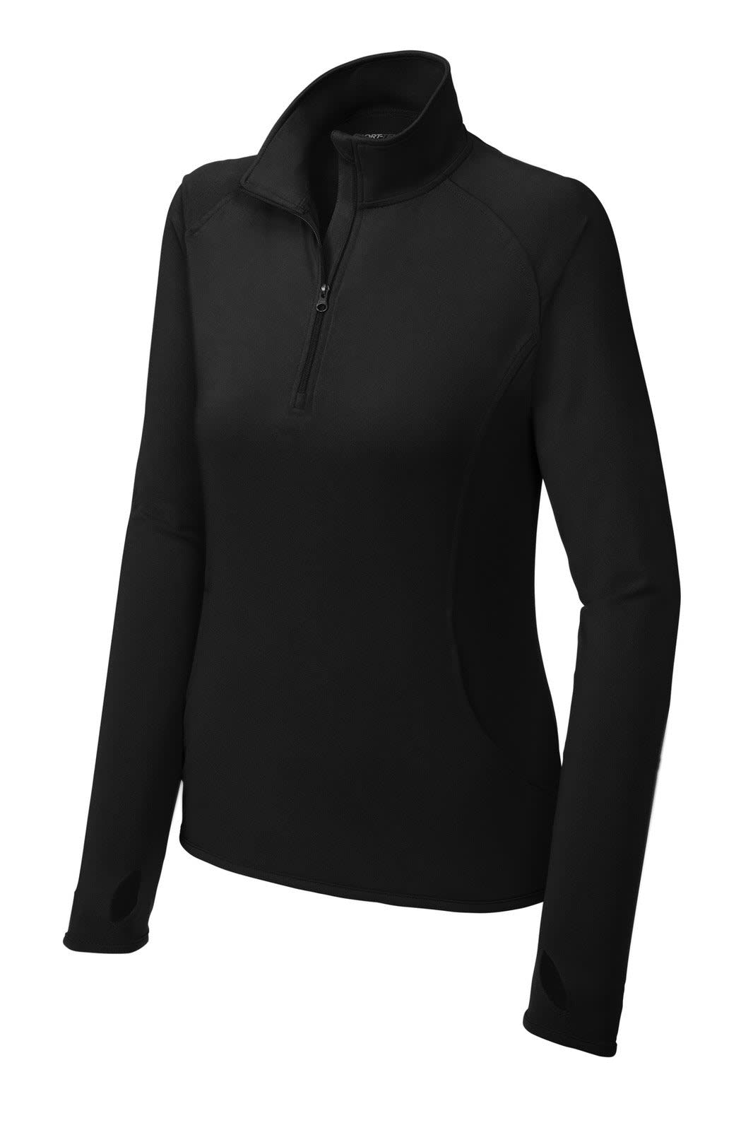 A black ladies' pullover featuring a half-zip design, long sleeves, and a logo on the chest.