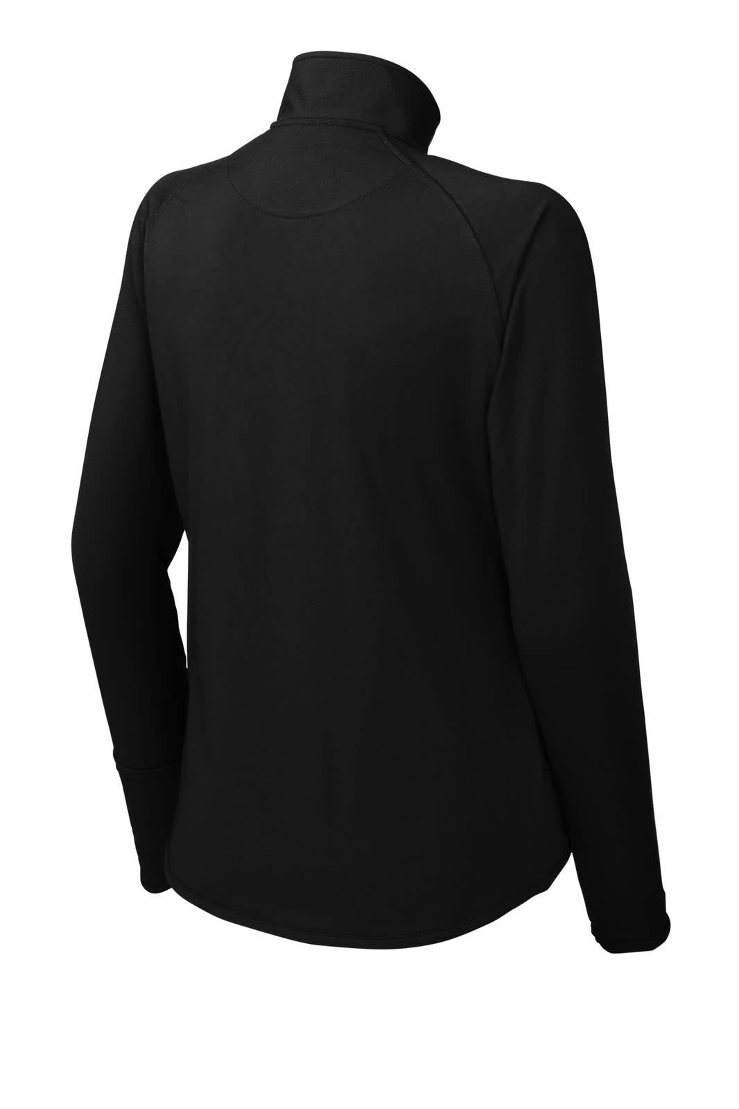 A black Sport-Tek Ladies Sport-Wick Stretch 1/2-Zip Pullover with a high collar and long sleeves.