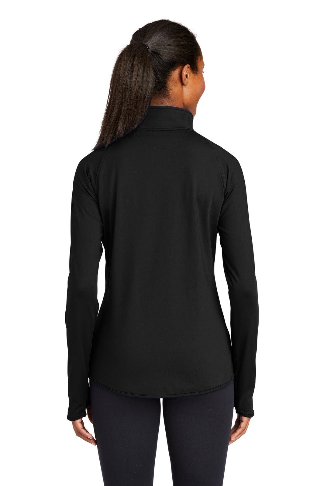 A black Sport-Tek Ladies Sport-Wick Stretch 1/2-Zip Pullover featuring a high collar and a fitted design at the back.