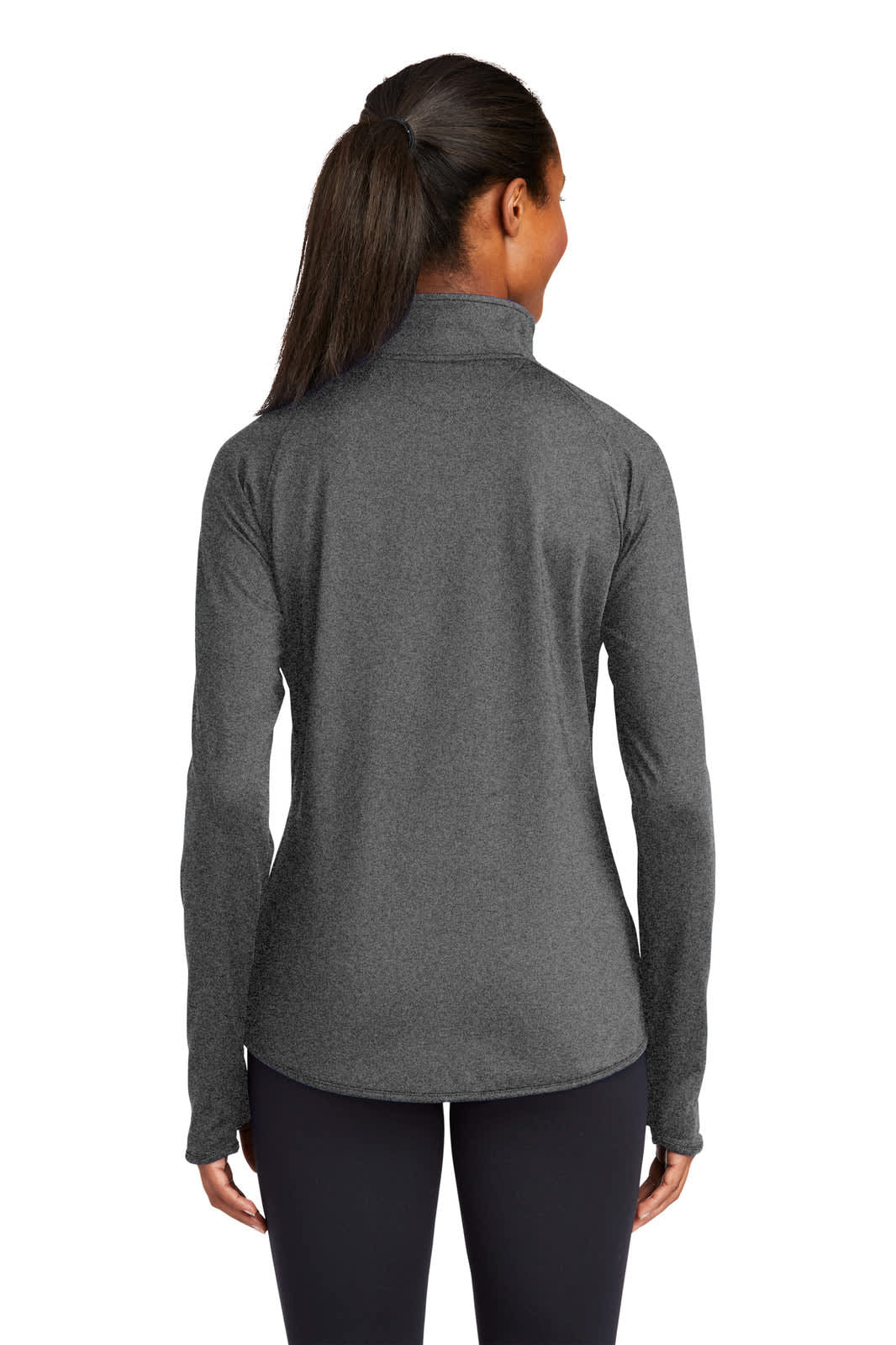 A grey Sport-Tek Ladies Sport-Wick Stretch 1/2-Zip Pullover featuring a high collar and long sleeves.