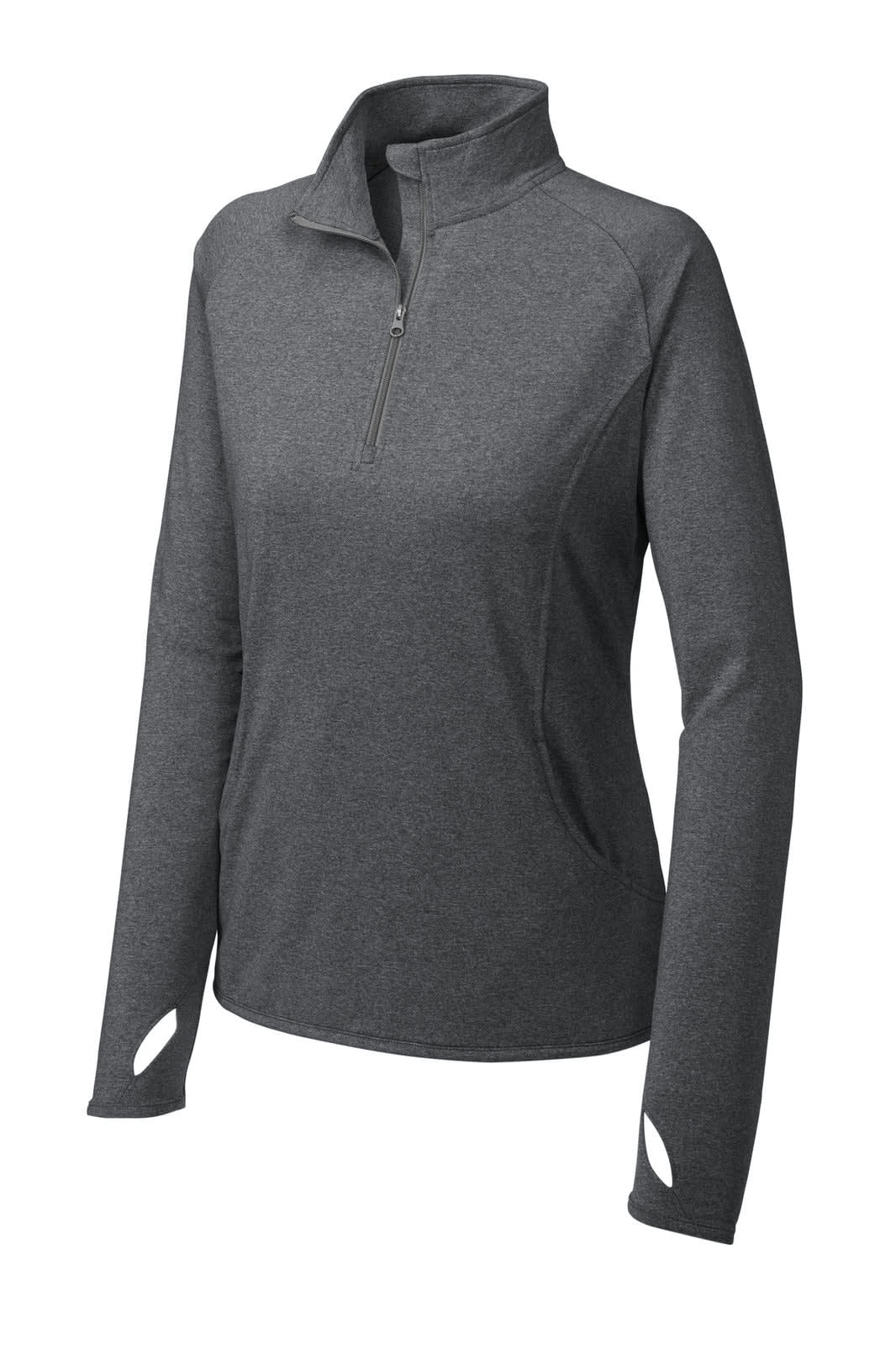 A grey ladies' 1/2-zip pullover featuring long sleeves and a logo on the chest. Made from stretchy material.